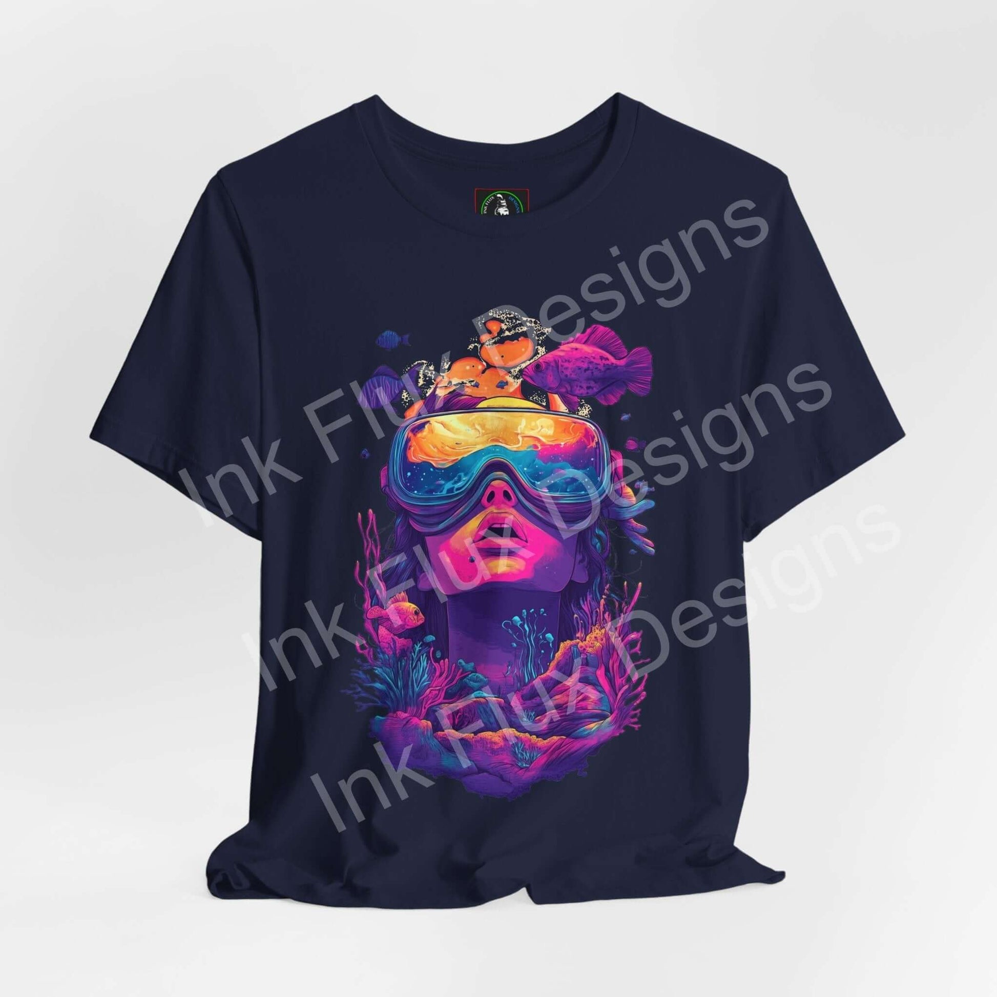 Aquatic Journey T-Shirt featuring surreal ocean graphic by Ink Flux Designs, depicting a woman in snorkeling gear surrounded by vibrant sea life.