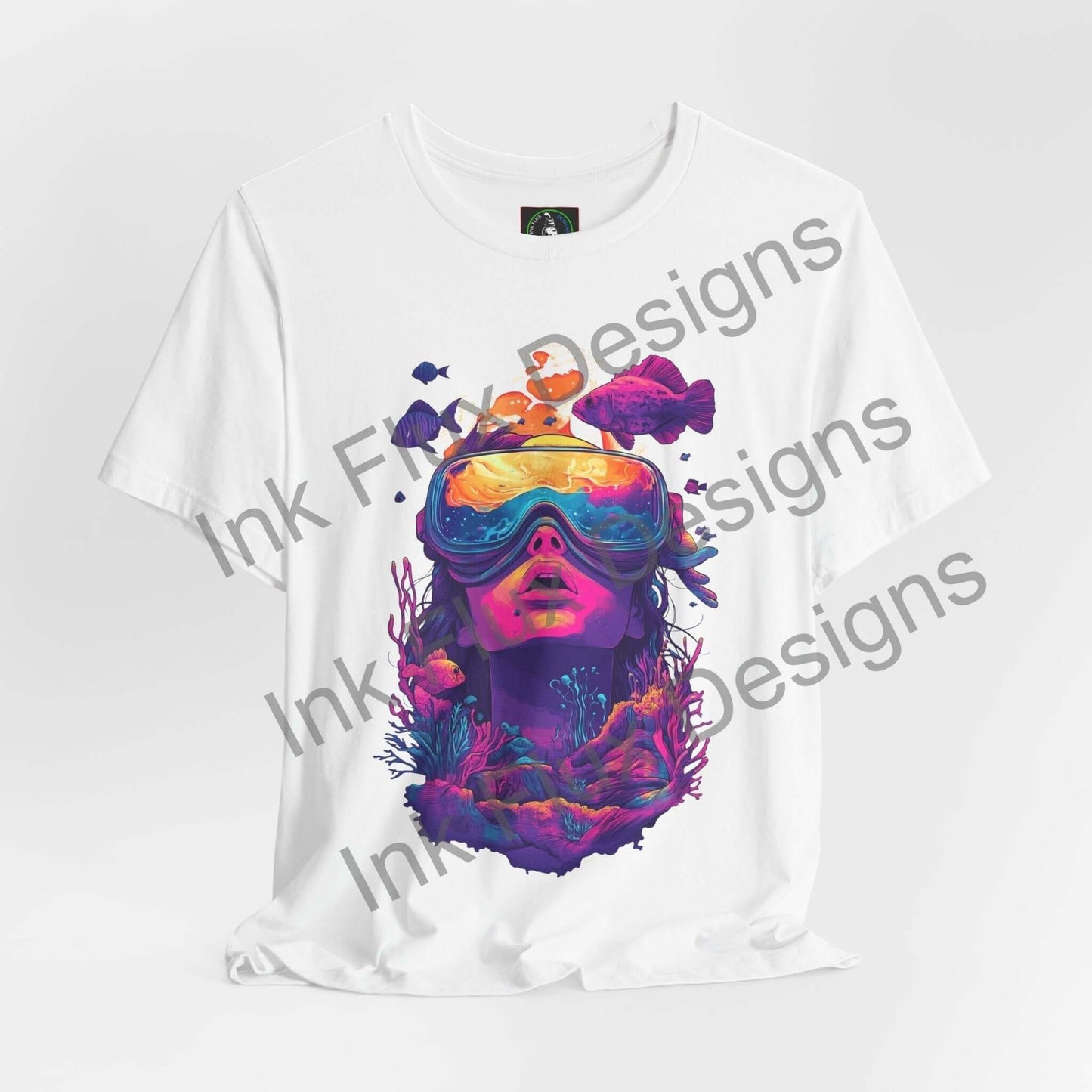A vibrant Aquatic Journey T-shirt by Ink Flux Designs featuring a colorful underwater scene with a diver.