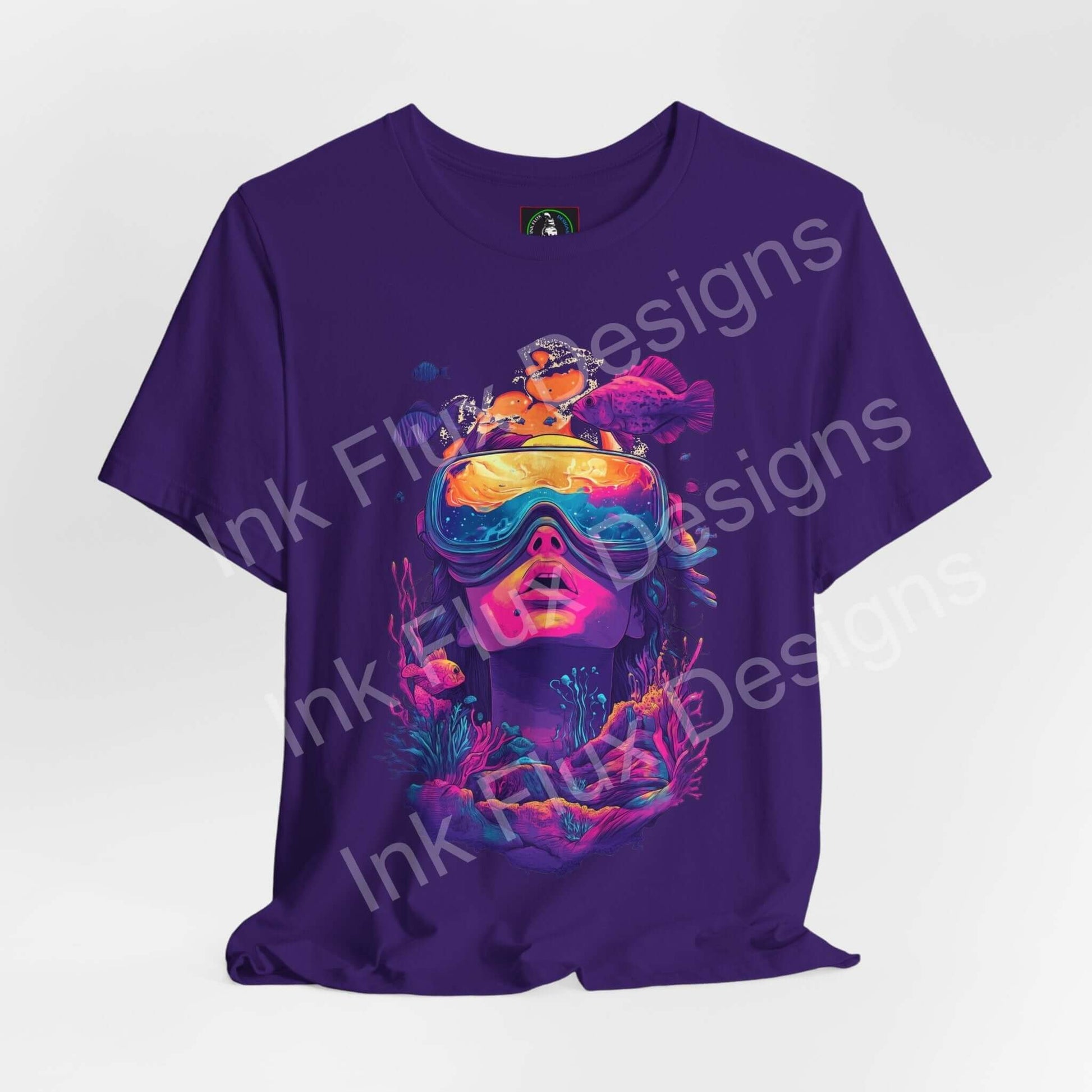 Aquatic Journey T-Shirt featuring surreal ocean graphic design by Ink Flux Designs on a vibrant purple tee.