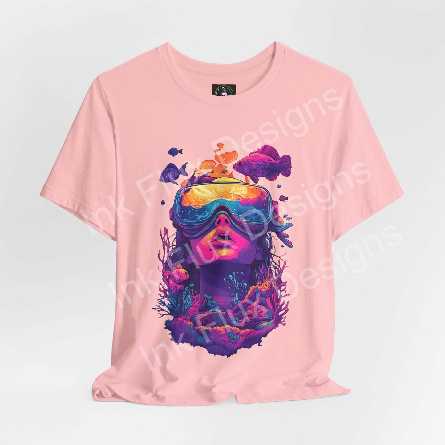 Pink unisex T-shirt featuring a vibrant underwater illustration by Ink Flux Designs, perfect for casual wear.