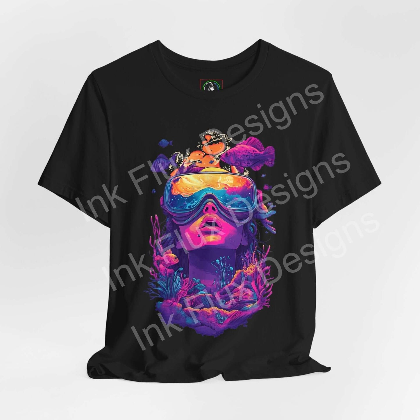 Unisex black T-shirt featuring vibrant aquatic-themed graphic design by Ink Flux Designs, perfect for casual wear.