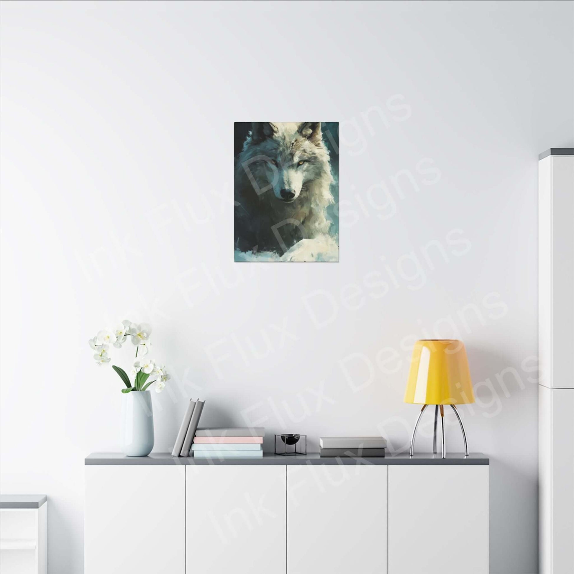 Arctic Wolf matte canvas artwork displayed on a wall, by Ink Flux Designs, enhancing home decor with a unique touch.