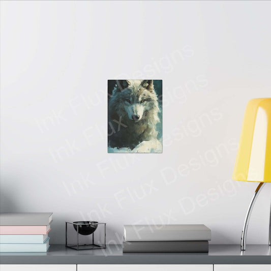 Artic Wolf Matte Canvas by Ink Flux Designs displayed on a stylish wall beside a yellow lamp and decorative items.