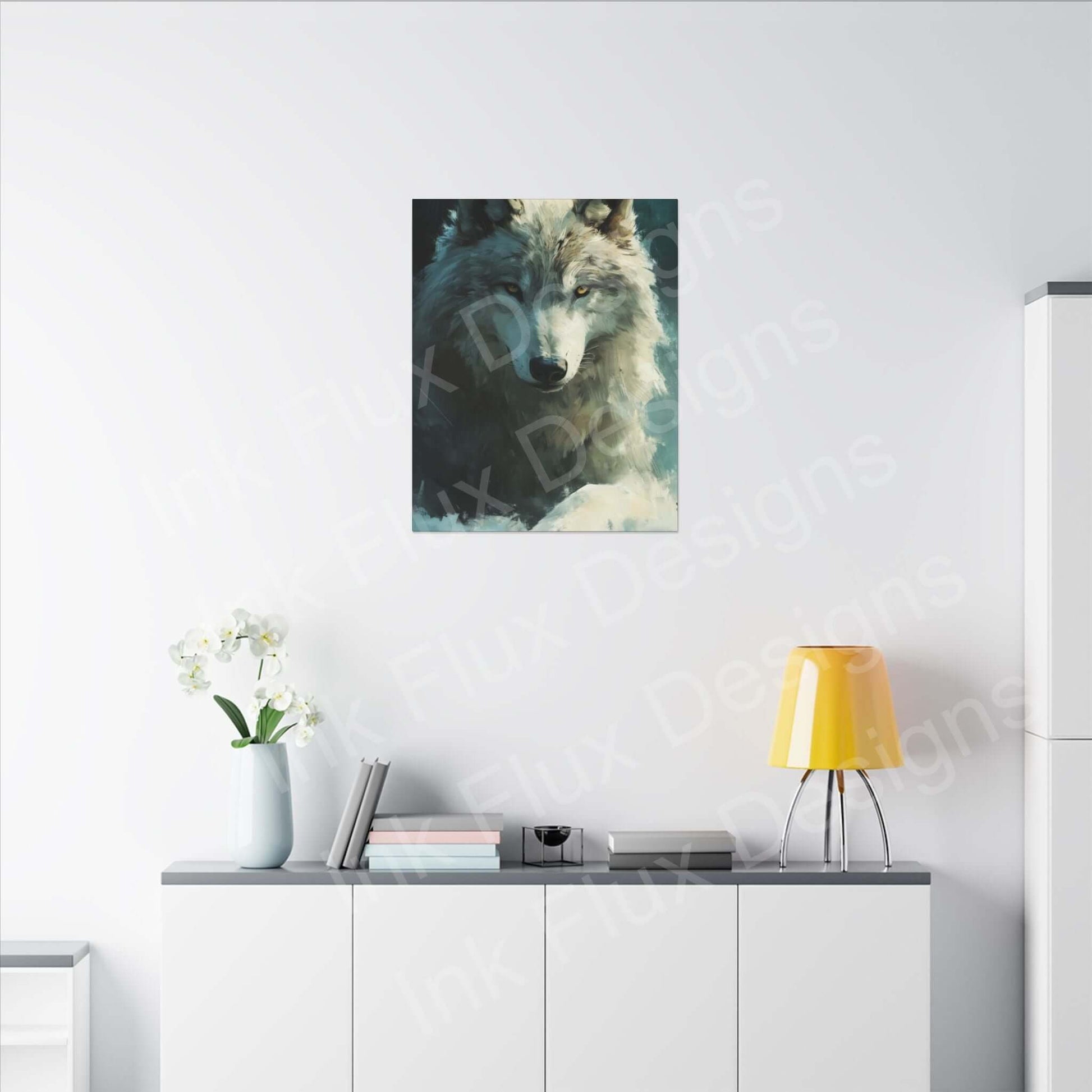 Artic Wolf matte canvas art hanging on a modern white wall, showcasing Ink Flux Designs creativity.