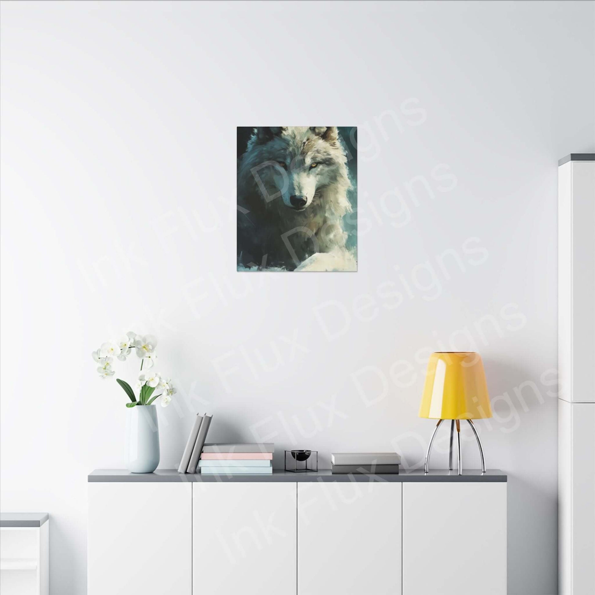 Artic Wolf Matte Canvas by Ink Flux Designs, displayed in a modern interior with stylish furniture and decor.