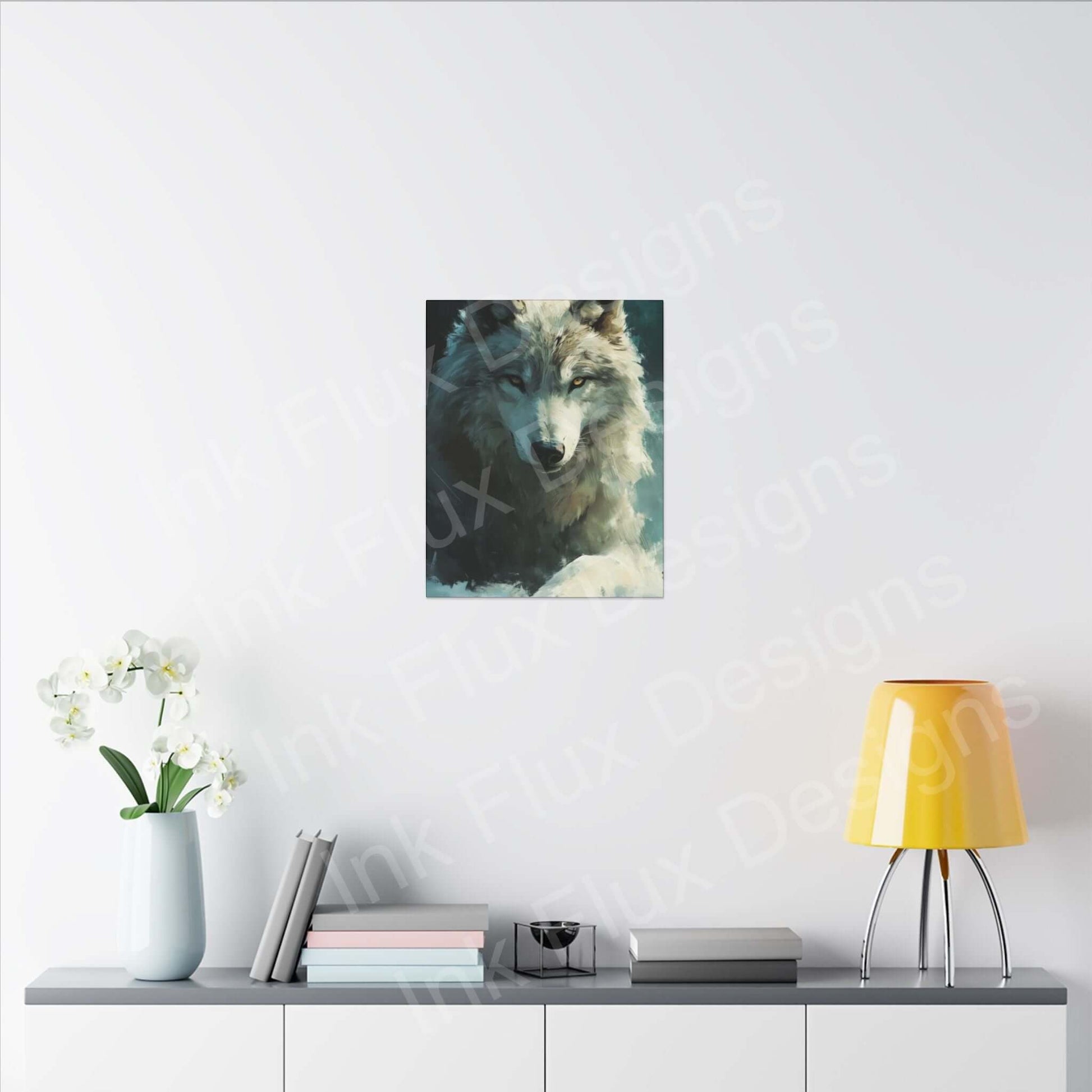 Artic Wolf matte canvas art hanging on a modern wall, showcasing Ink Flux Designs.
