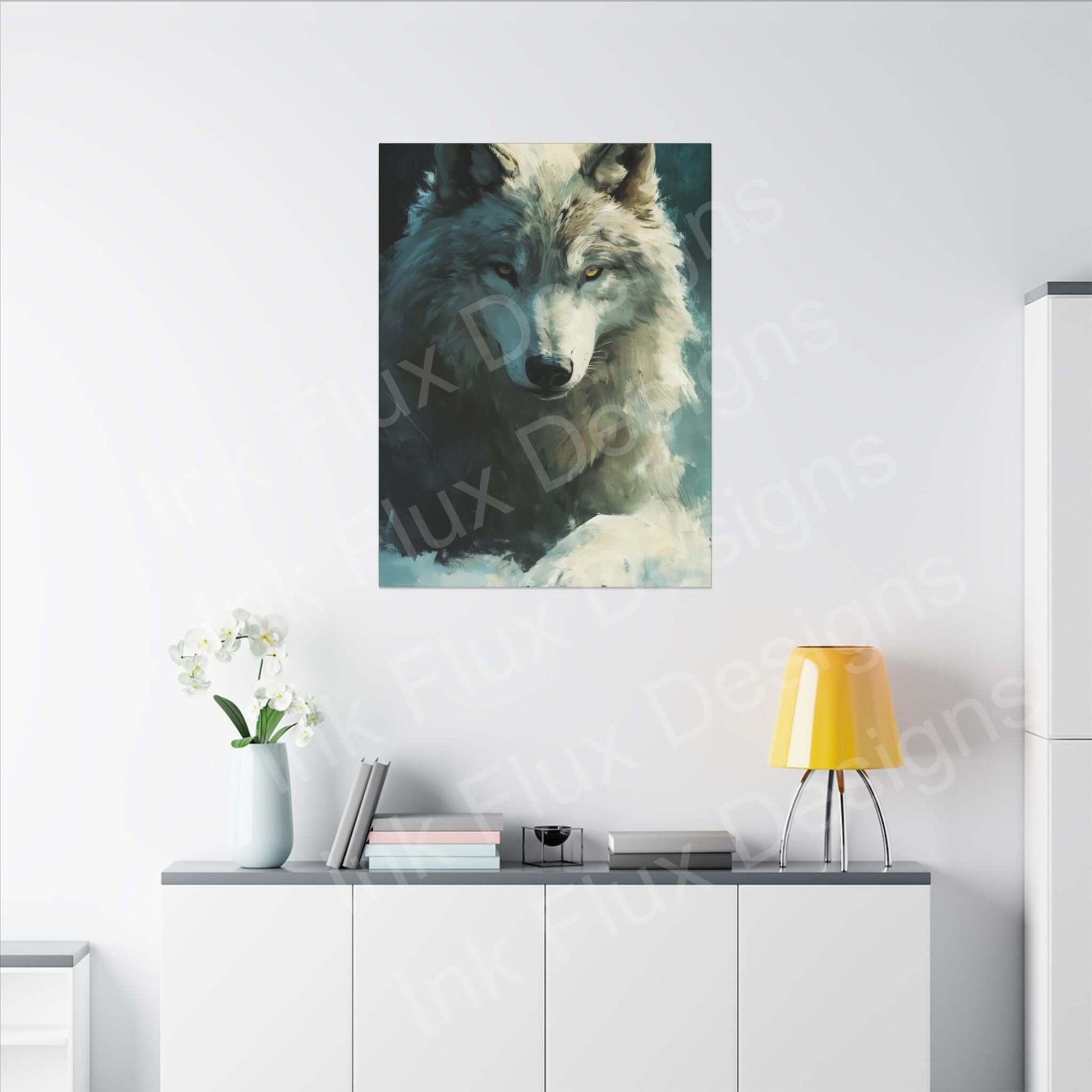 Artic Wolf matte canvas artwork displayed on a modern wall showcasing Ink Flux Designs.