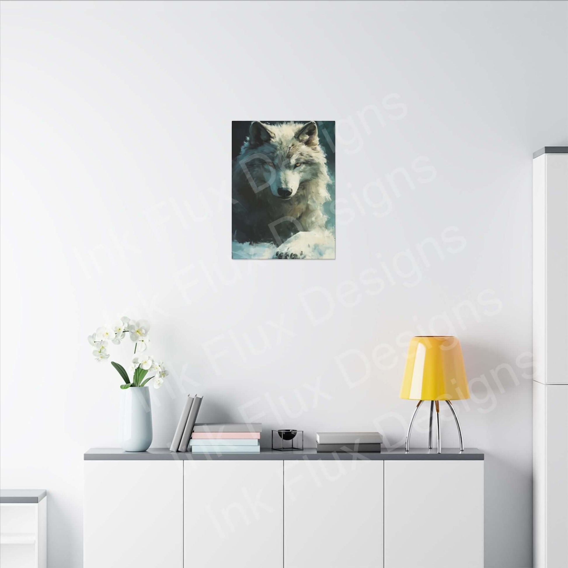 Artic Wolf matte canvas art displayed in a modern interior, showcasing Ink Flux Designs craftsmanship.