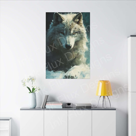 Artic Wolf Matte Canvas by Ink Flux Designs displayed in modern interior, perfect for art lovers and home decor.