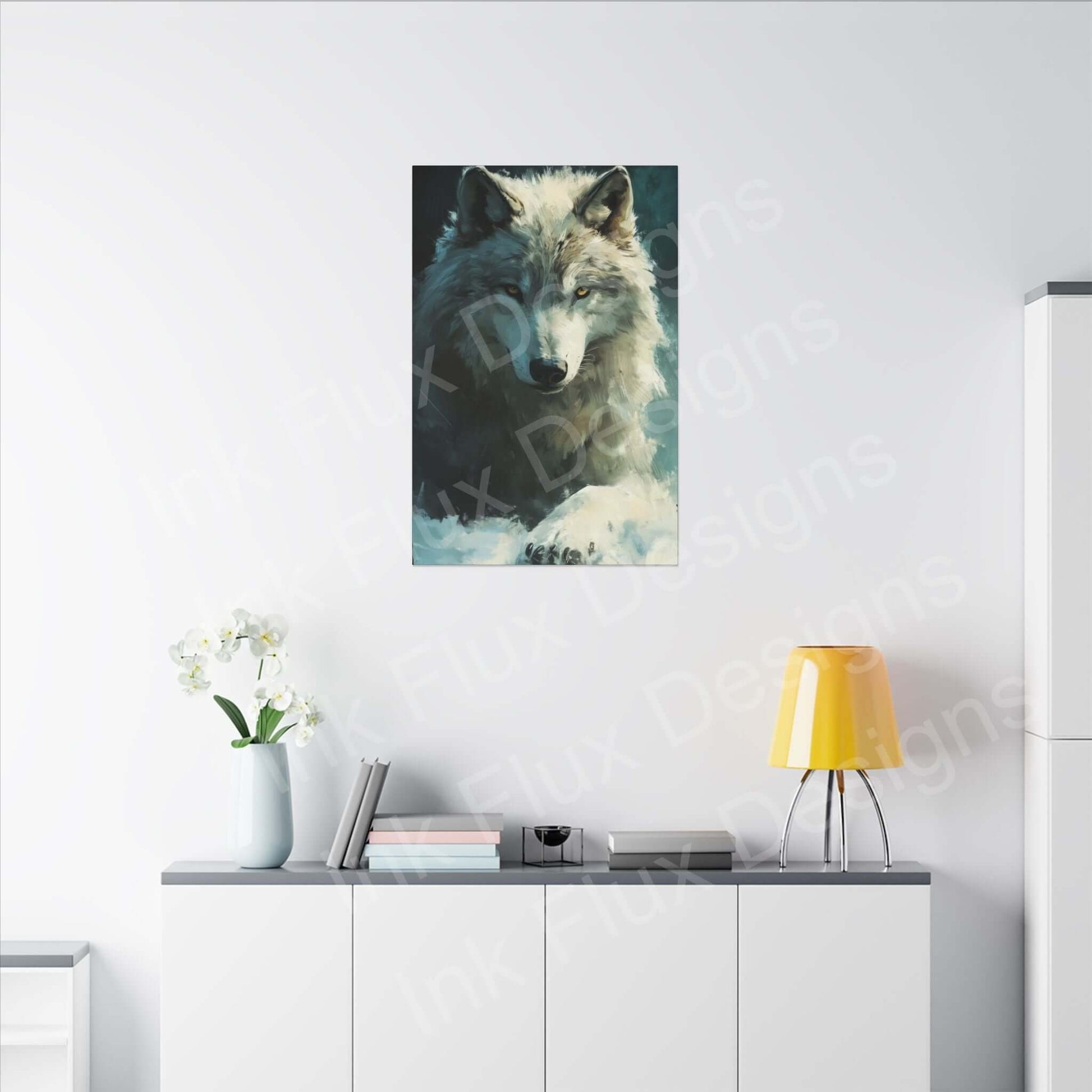 Artic Wolf matte canvas artwork displayed in a modern interior, designed by Ink Flux Designs.