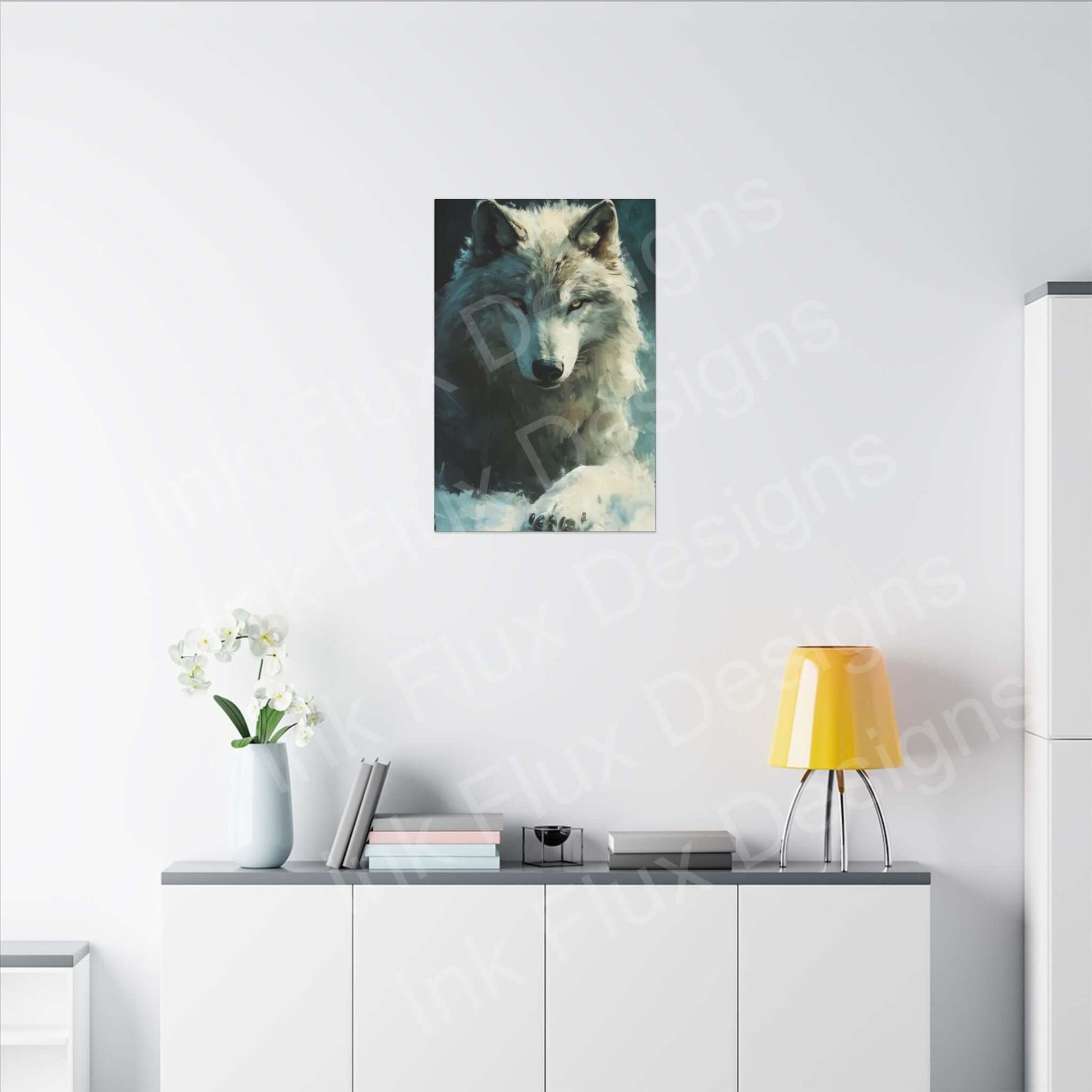 Artic Wolf matte canvas artwork displayed on modern wall, showcasing Ink Flux Designs creativity and quality.