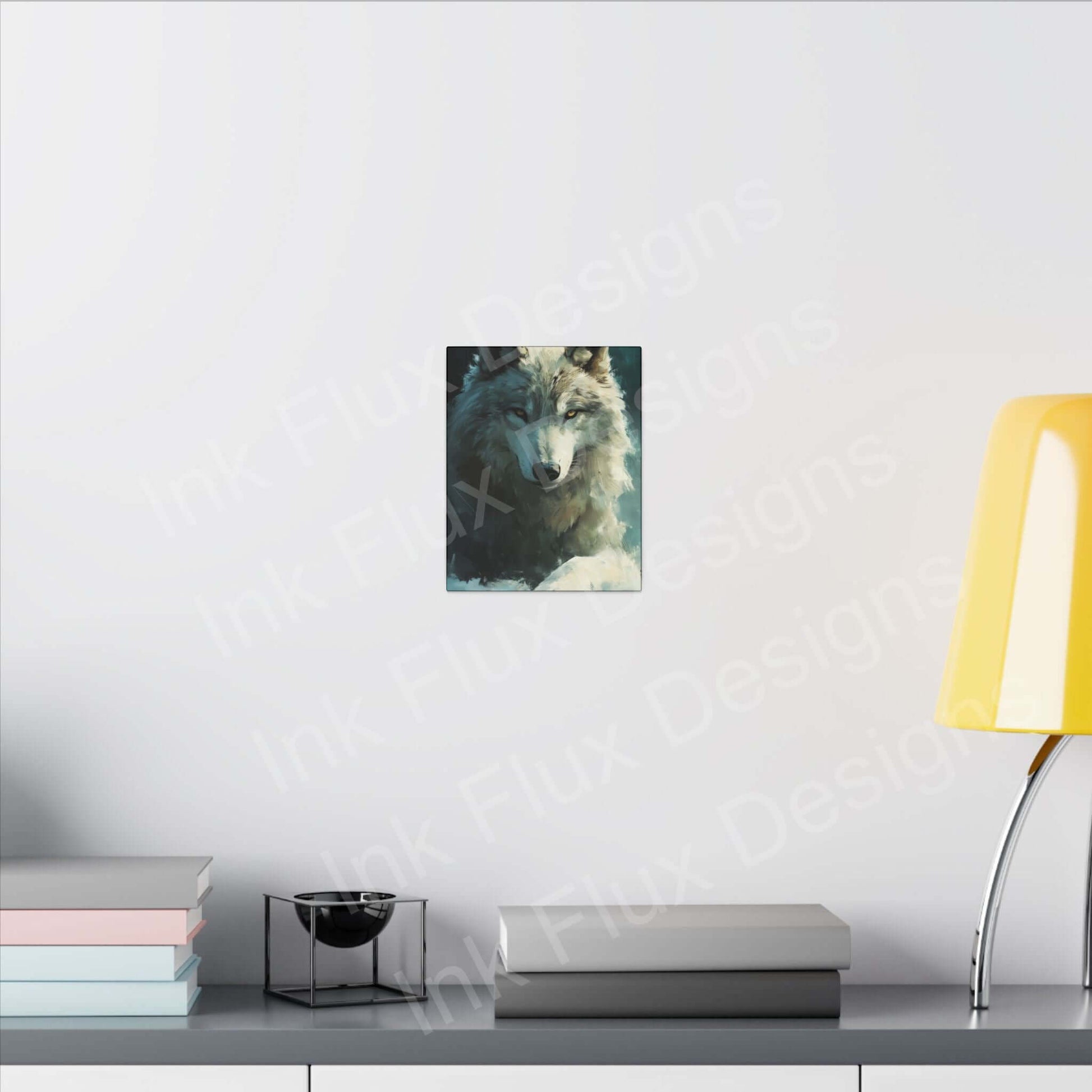 Artic Wolf matte canvas artwork by Ink Flux Designs, displayed on a modern wall with yellow lamp and decor.