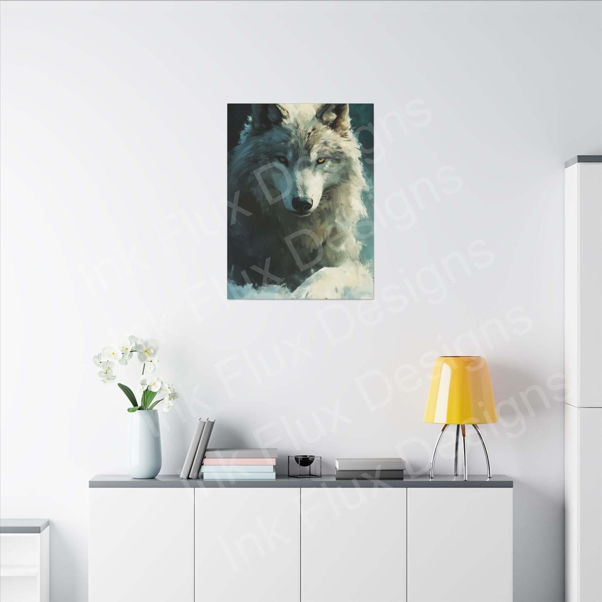 Artic Wolf matte canvas print displayed on a modern wall, showcasing Ink Flux Designs artwork and elegant decor.