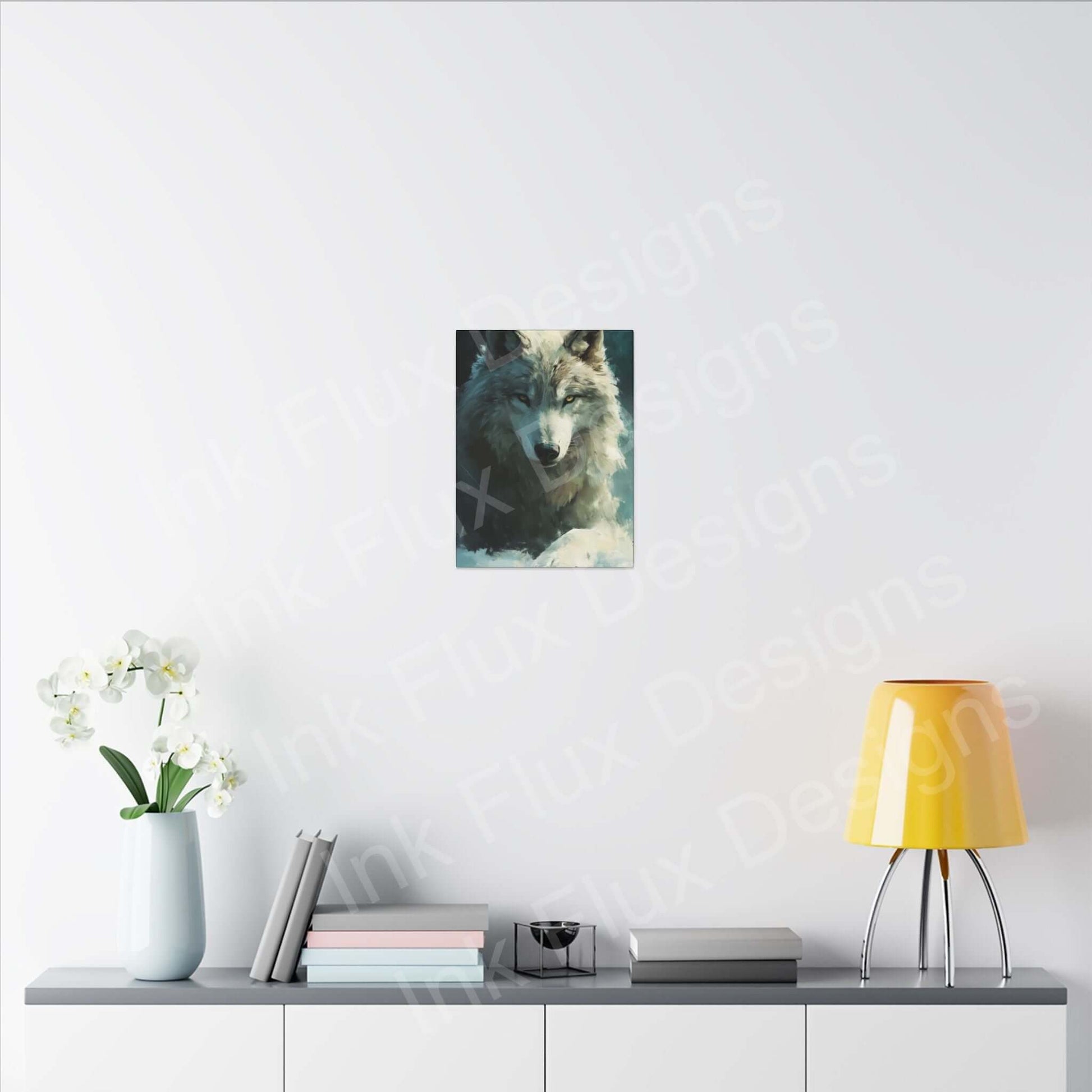 Artic Wolf Matte Canvas displayed on a modern wall with yellow lamp and decorative flowers, by Ink Flux Designs.