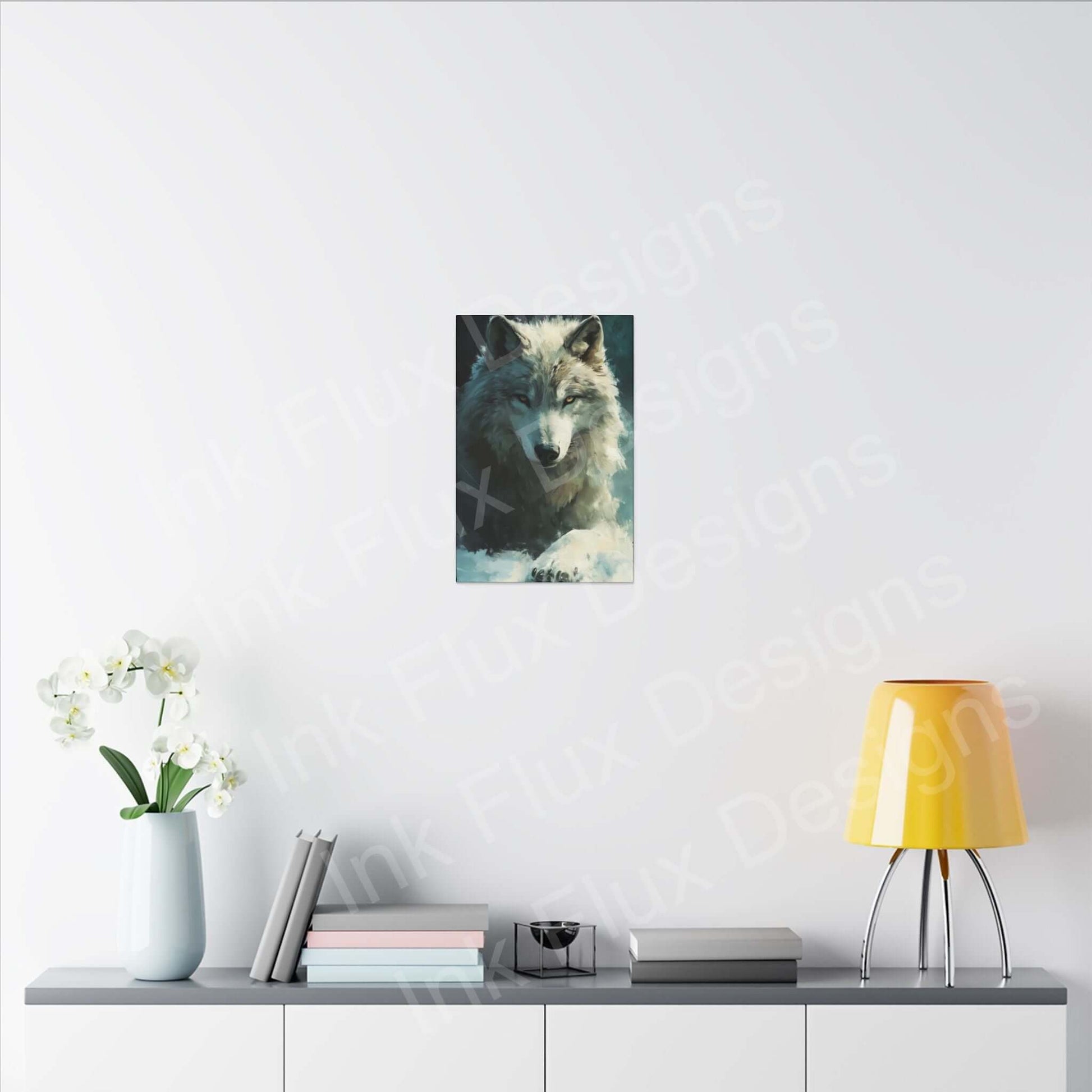 Artic Wolf matte canvas artwork displayed in modern room with flowers and lamp, designed by Ink Flux Designs.