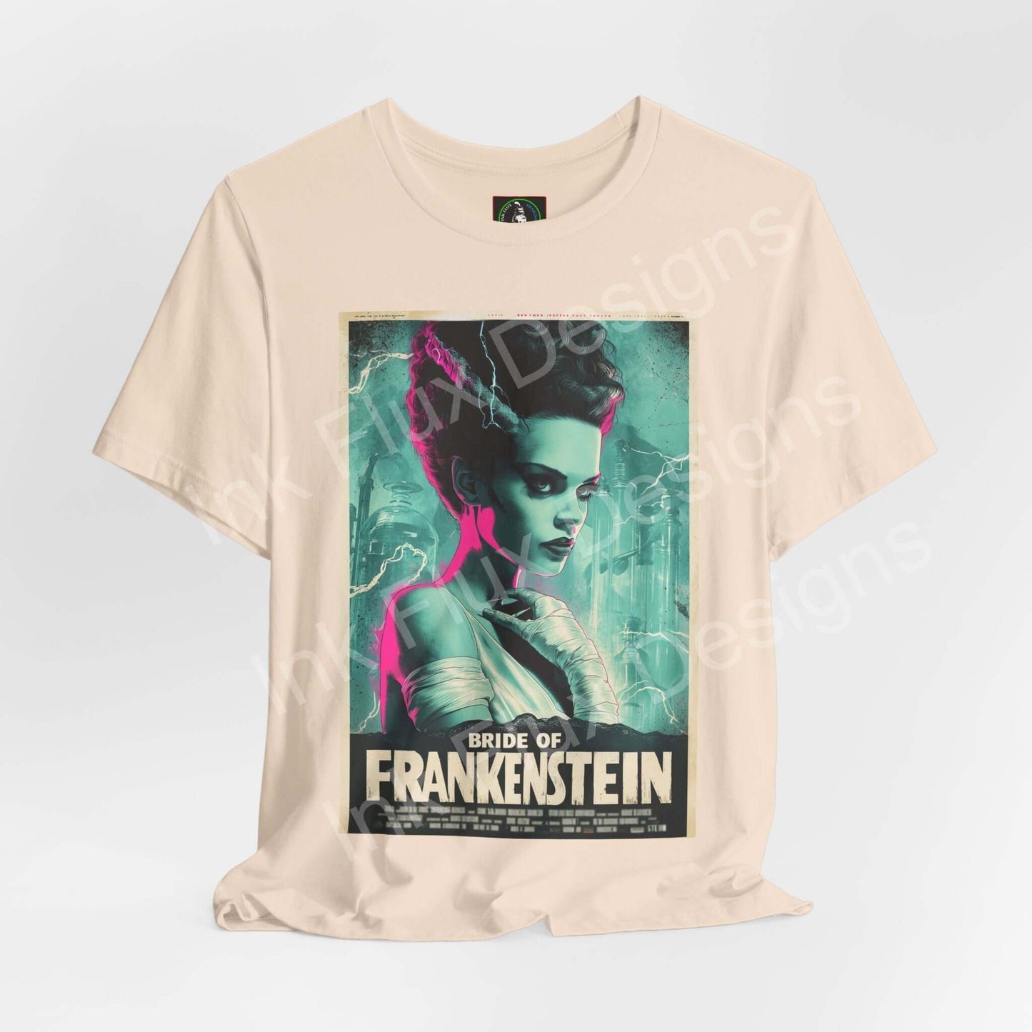 Bride of Frankenstein t-shirt showcasing gothic artwork in vivid colors by Ink Flux Designs.