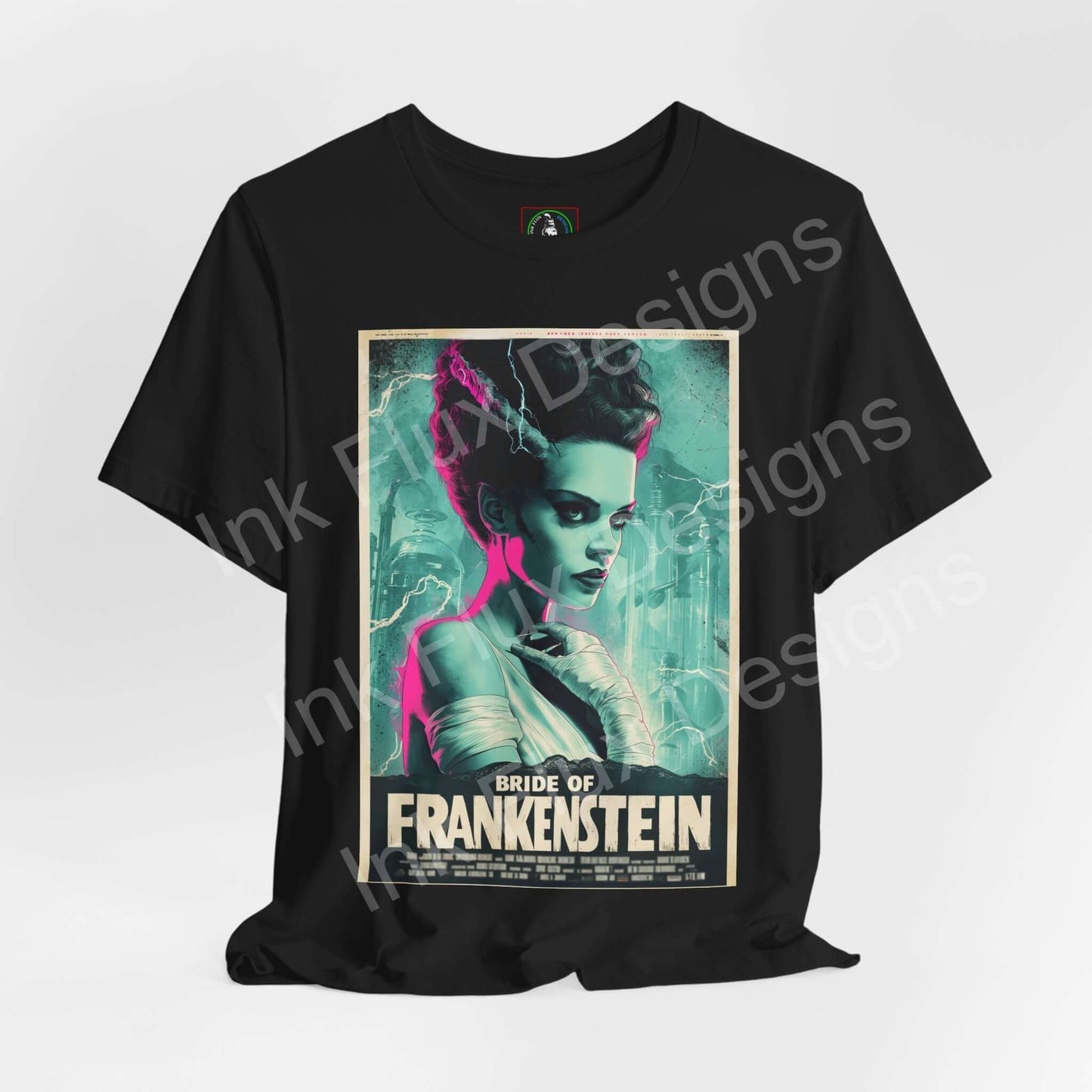 Bride of Frankenstein t-shirt featuring stunning linework and gothic design by Ink Flux Designs on a black tee.