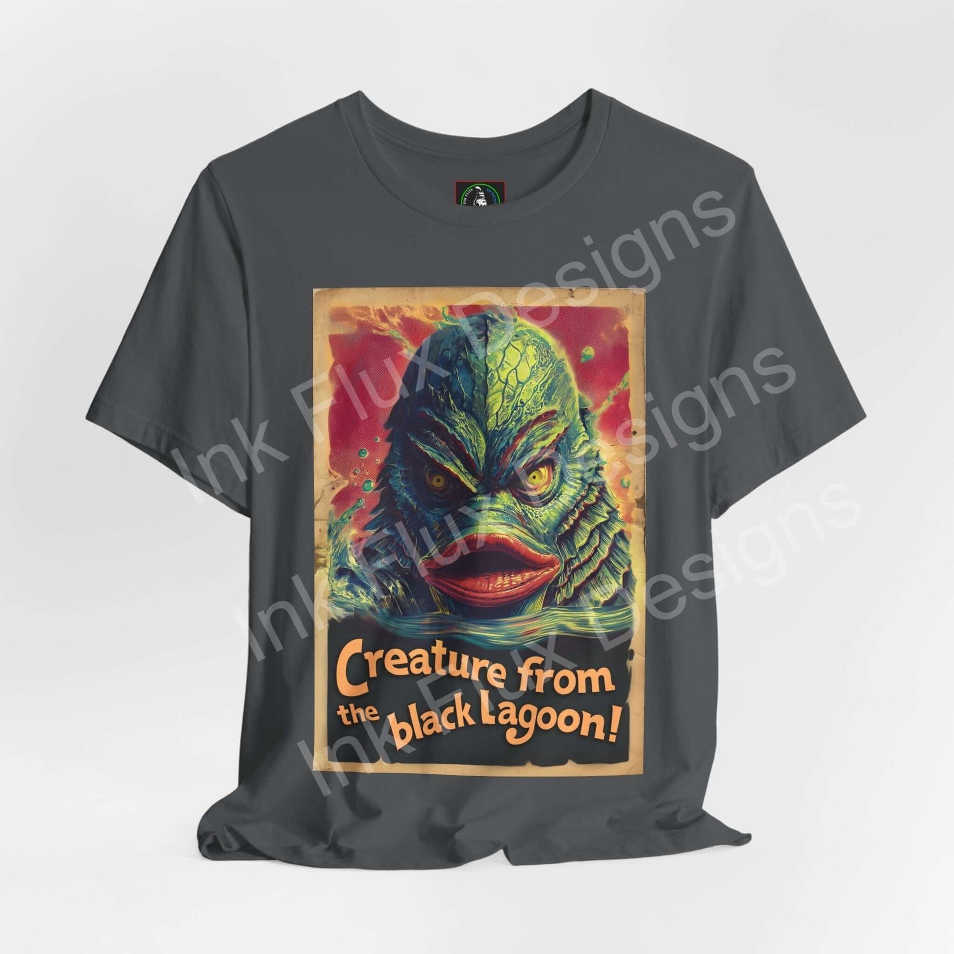 Creature From the Black Lagoon T-Shirt showcasing the iconic monster design on a dark tee by Ink Flux Designs.