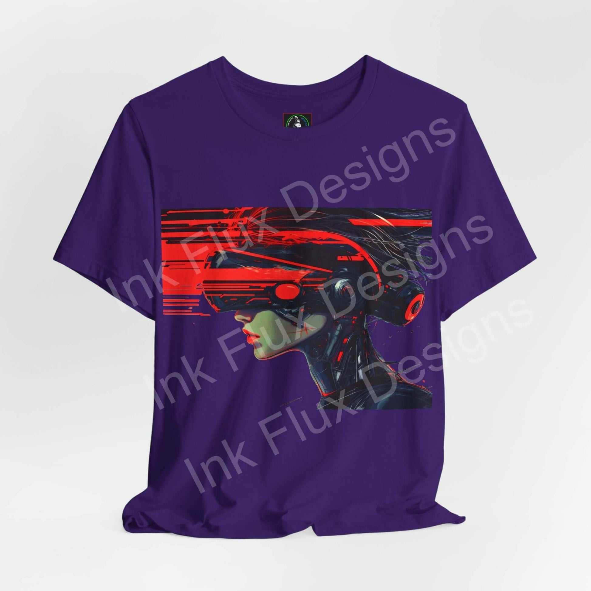 Cyberpunk t-shirt featuring a futuristic graphic design of a woman with vibrant colors by Ink Flux Designs.