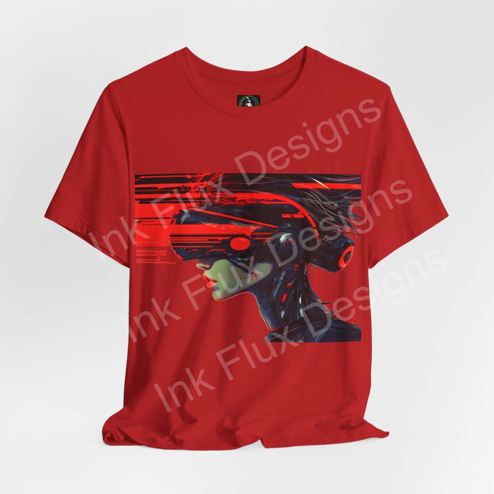 Cyberpunk t-shirt featuring a futuristic graphic design on a red background by Ink Flux Designs.