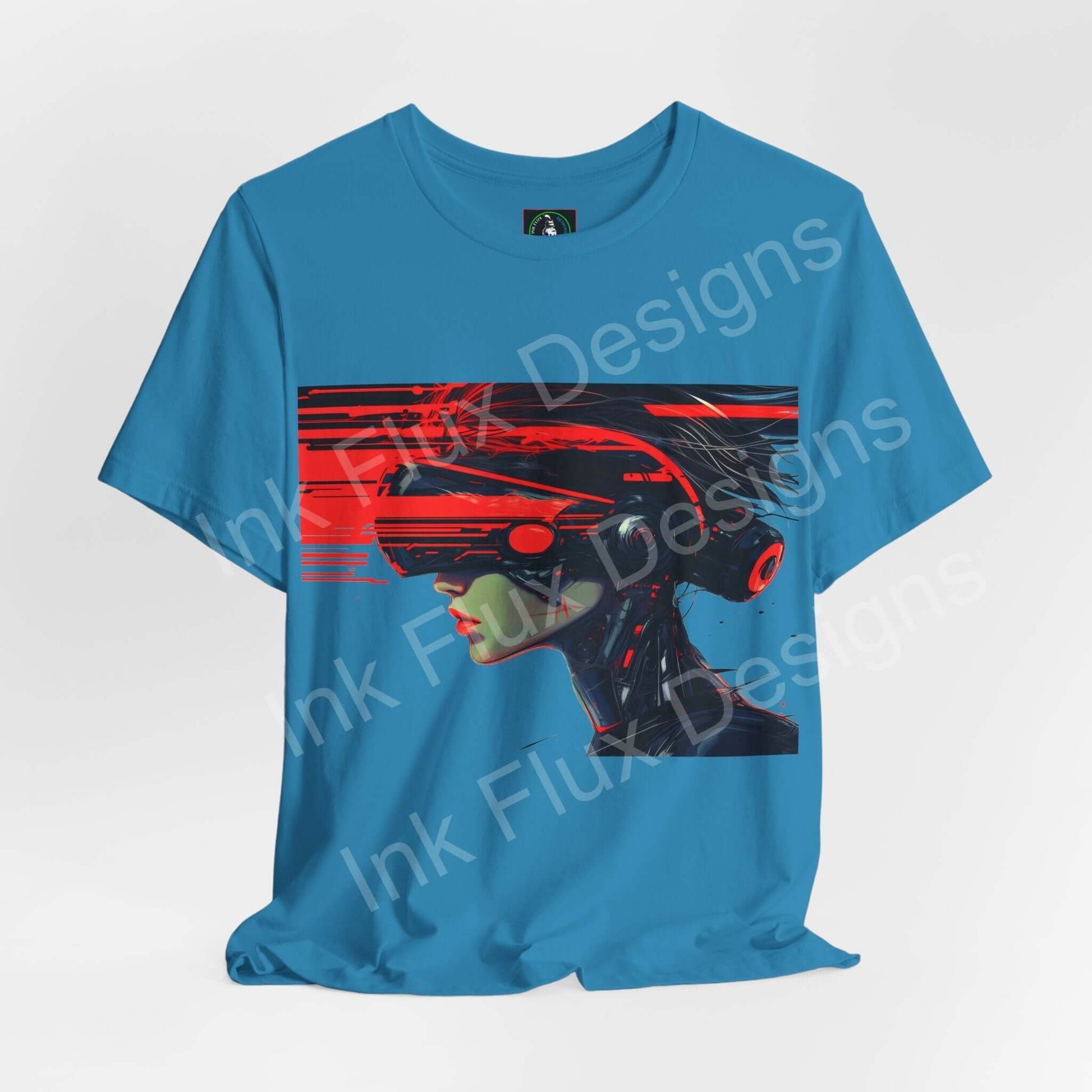 Cyberpunk t-shirt featuring a futuristic graphic of a woman in high-tech headgear by Ink Flux Designs.