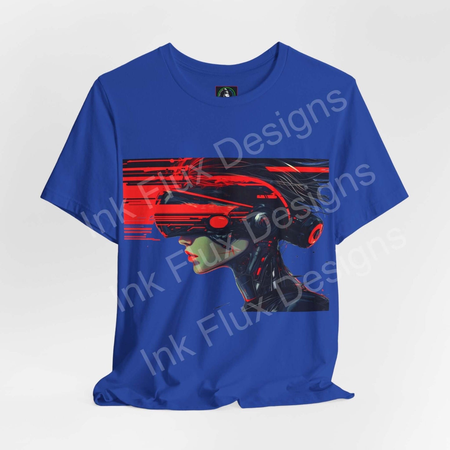 Cyberpunk Head Gear II T-shirt in blue by Ink Flux Designs featuring a futuristic graphic design.