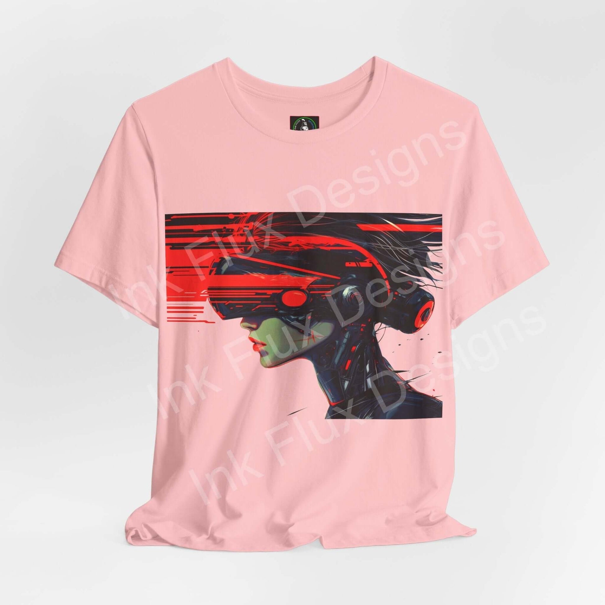 Cyberpunk t-shirt featuring a futuristic graphic design of a figure in virtual reality goggles by Ink Flux Designs.