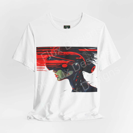 Cyberpunk t-shirt featuring a futuristic graphic design with a VR headset and vibrant colors by Ink Flux Designs.