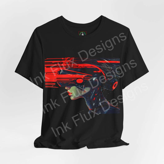 Cyberpunk t-shirt featuring a futuristic graphic of a woman with tech-inspired visuals by Ink Flux Designs.