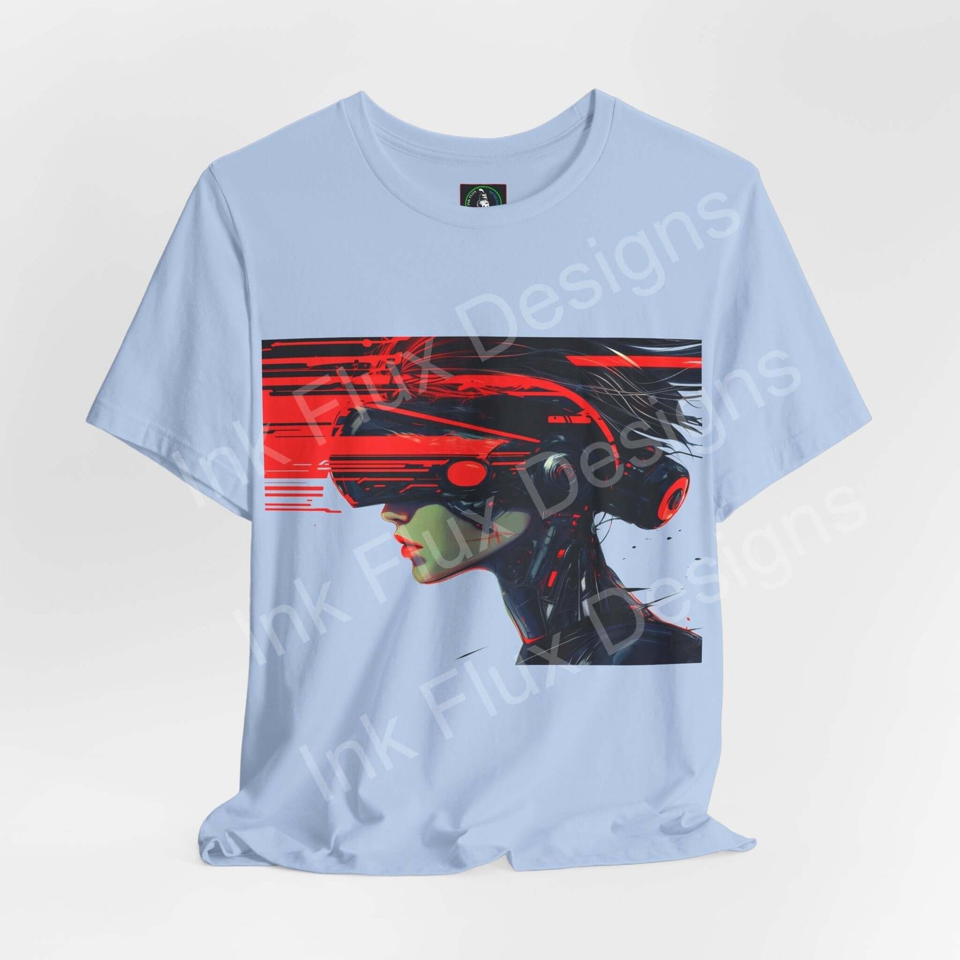 Cyberpunk t-shirt featuring futuristic graphic design by Ink Flux Designs, perfect for tech-inspired fashion.