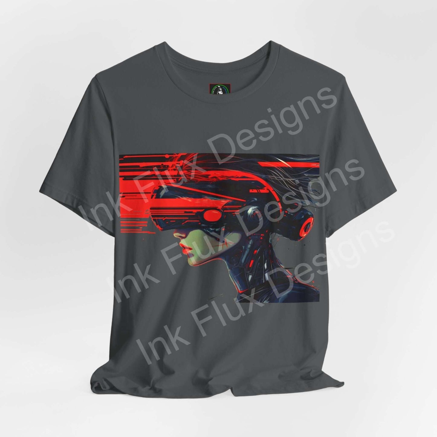 Cyberpunk headgear graphic on a dark gray T-shirt by Ink Flux Designs, showcasing modern style and comfort.