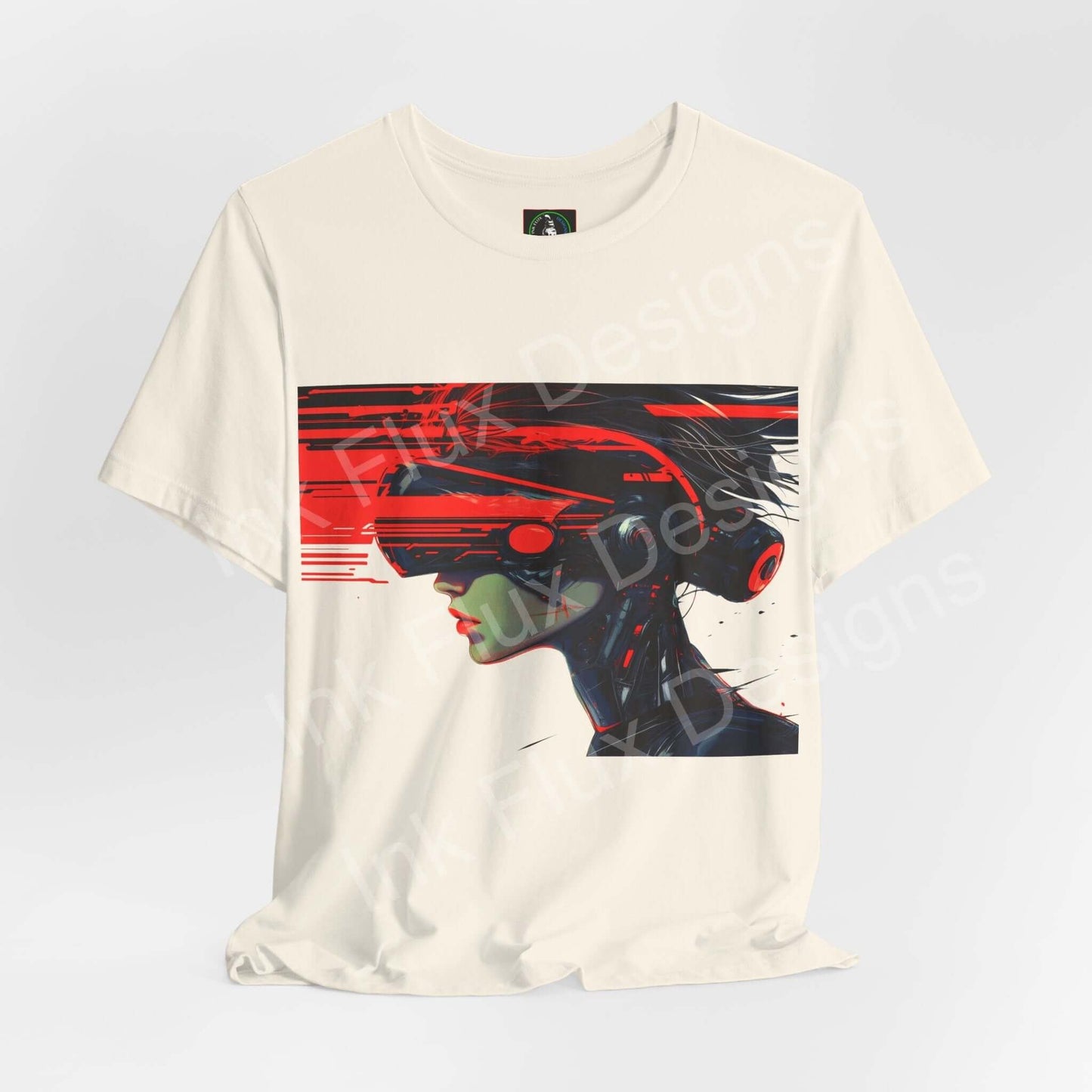 Cyberpunk Head Gear II unisex T-shirt from Ink Flux Designs featuring graphic of a VR headset in bold colors.