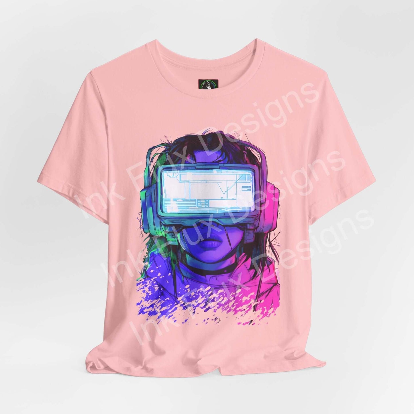 Pink Cyberpunk T-shirt featuring a digital headset design by Ink Flux Designs, ideal for trendy casual wear.