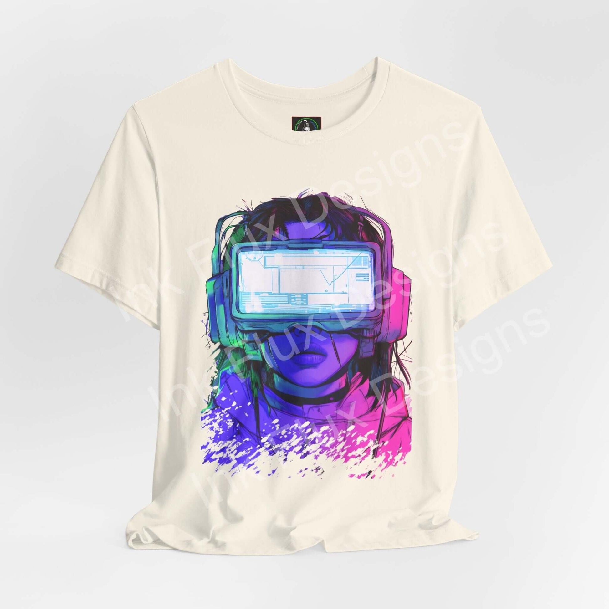 Cyberpunk head gear T-shirt design featuring vibrant colors and virtual reality headset by Ink Flux Designs.