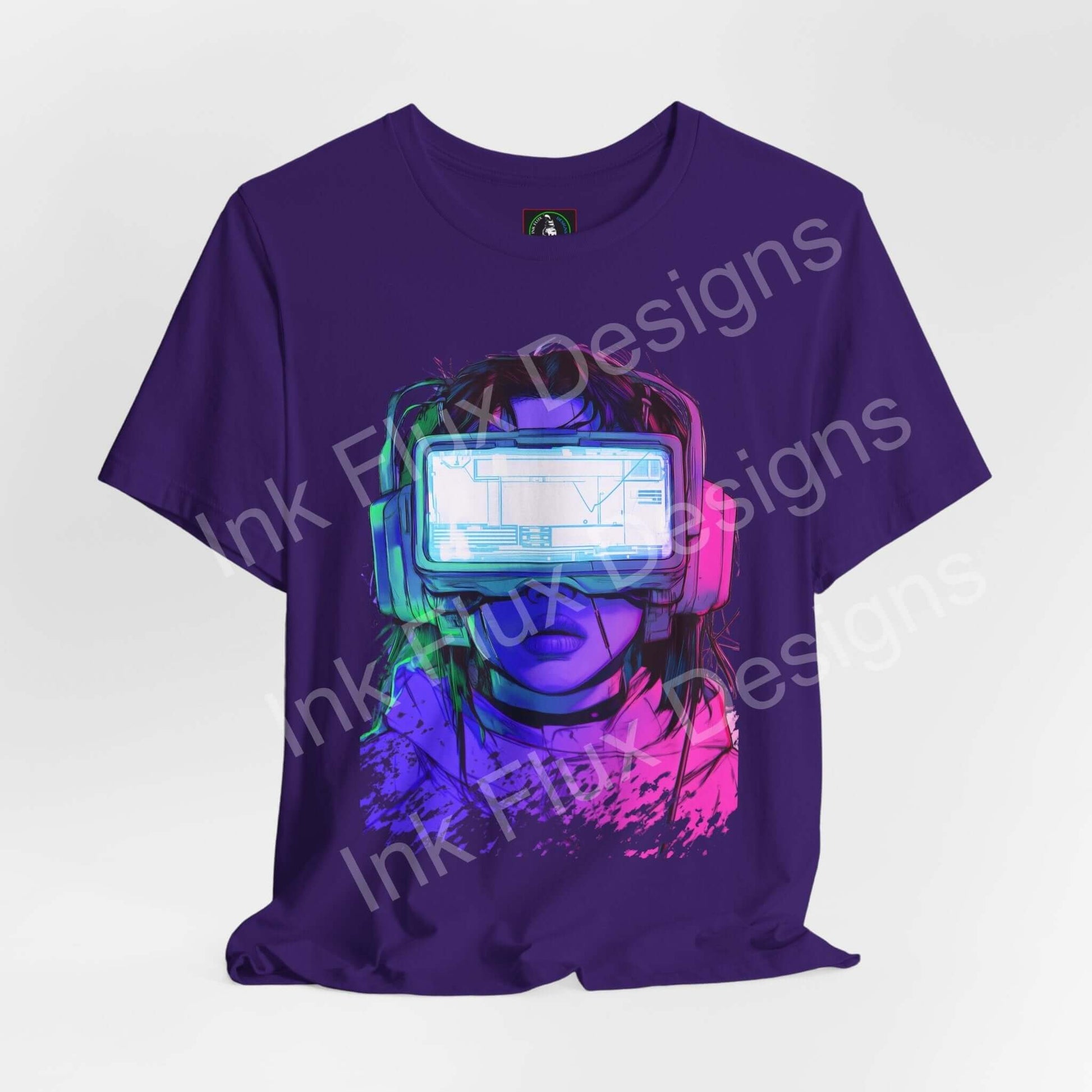 Cyberpunk style unisex T-shirt by Ink Flux Designs featuring vibrant VR headset graphic in purple.