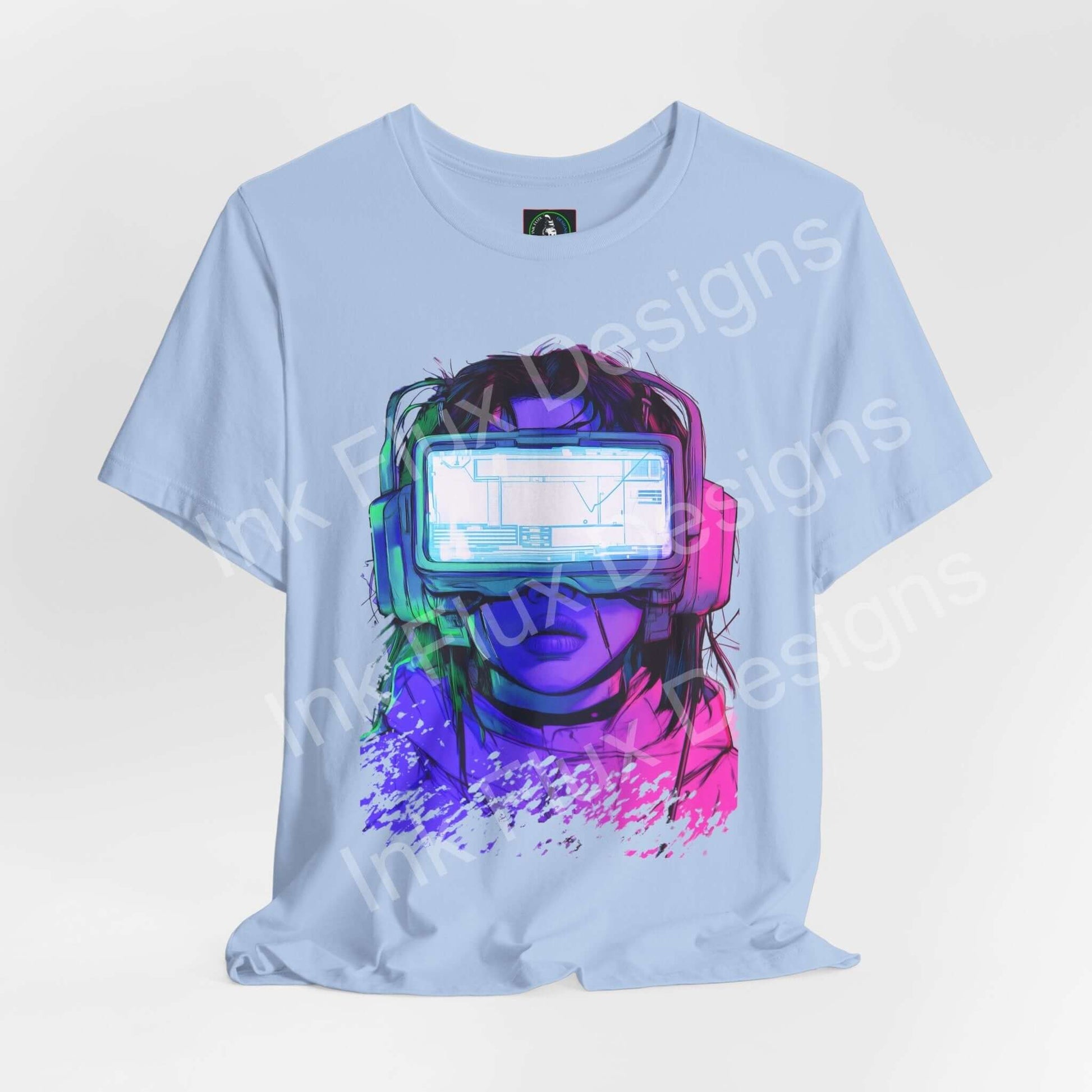 Cyberpunk Head Gear T-shirt by Ink Flux Designs, featuring a vibrant graphic on a light blue background.