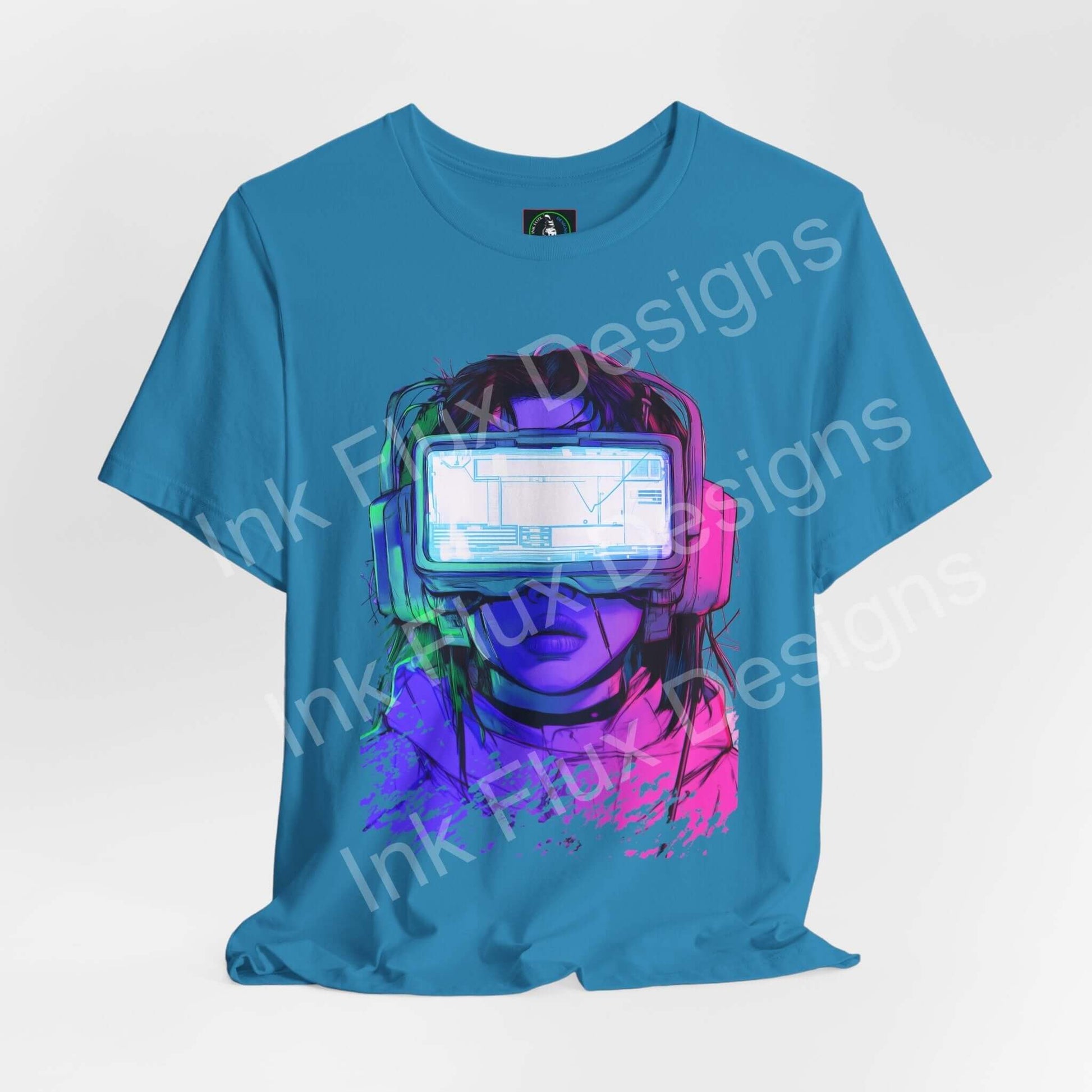 Cyberpunk Head Gear T-shirt by Ink Flux Designs with vibrant VR graphic on a blue background.