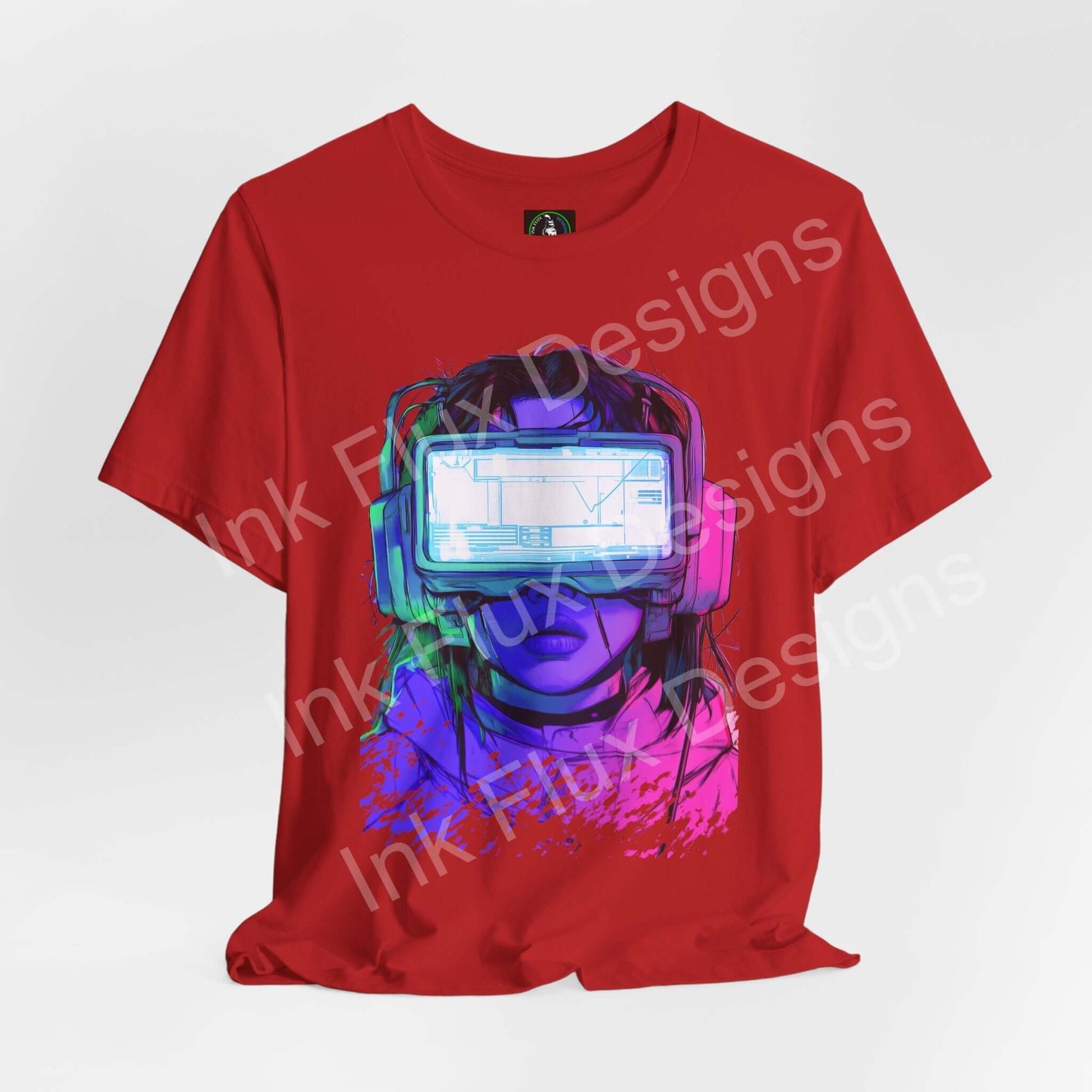 Cyberpunk Head Gear red T-shirt by Ink Flux Designs featuring vibrant VR graphic art.