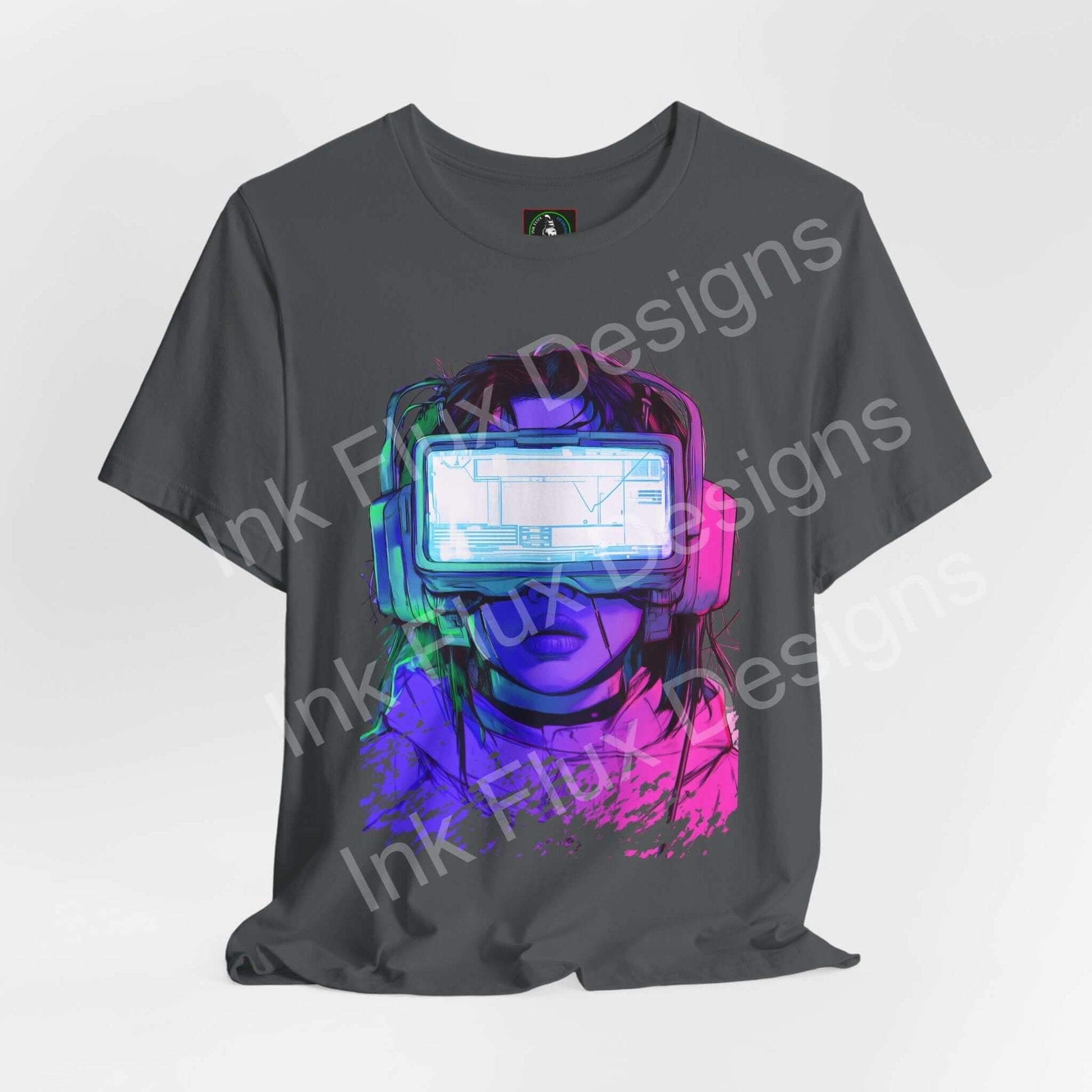 Cyberpunk Head Gear T-shirt by Ink Flux Designs featuring vibrant VR graphic and soft, breathable fabric.