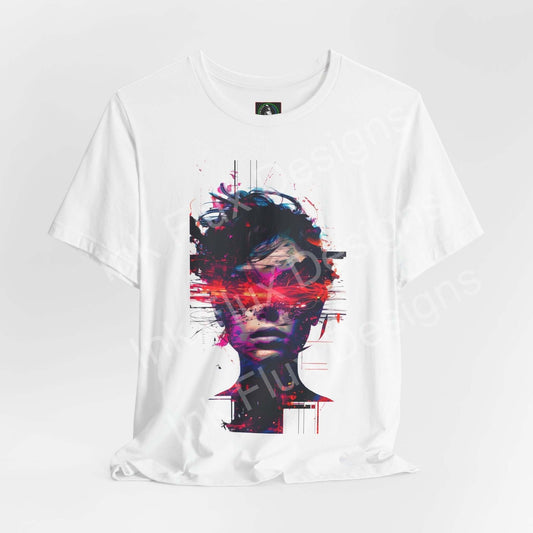Cyberpunk T-Shirt featuring a futuristic graphic of a distorted face with glitch effects and neon colors.
