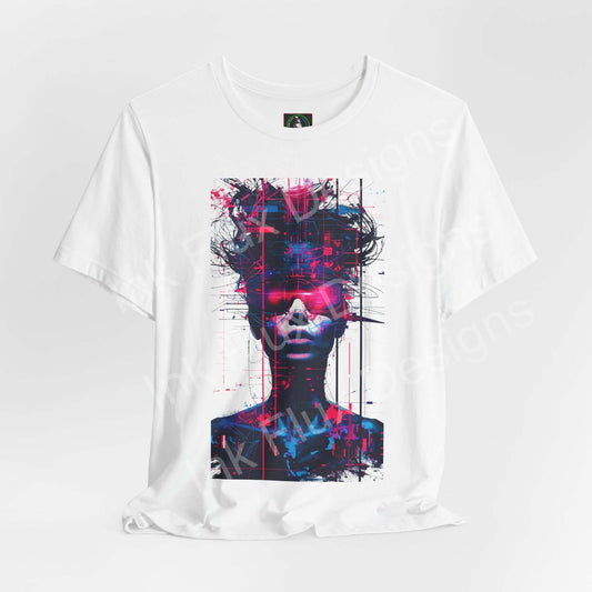 Cyberpunk T-Shirt featuring a neon portrait graphic on a white tee, showcasing vibrant futuristic design elements.