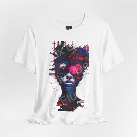 Cyberpunk T-Shirt featuring Signal Override graphic design with a futuristic glitch portrait in vibrant colors.