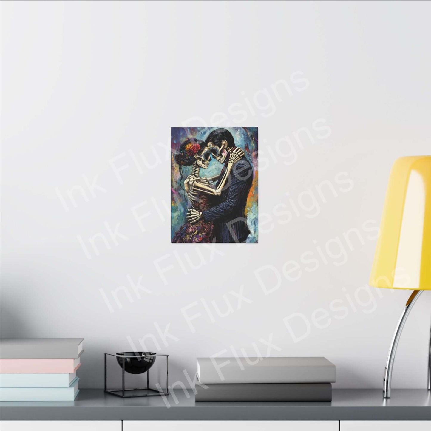 Day of the Dead couple portrait on canvas, perfect for custom artwork display by Ink Flux Designs.