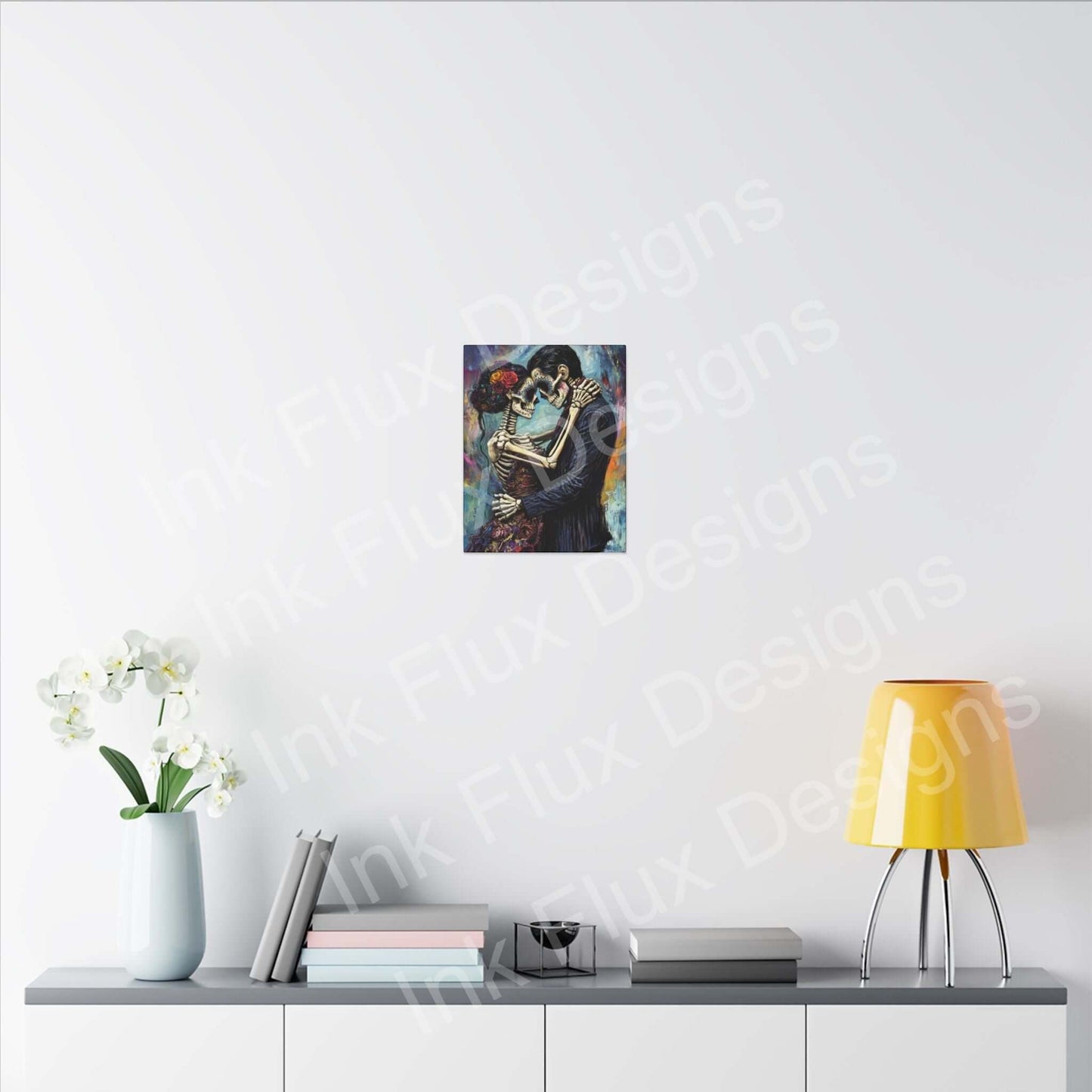 Day of the Dead couple portrait on a wall, featuring Ink Flux Designs matte canvas artwork.