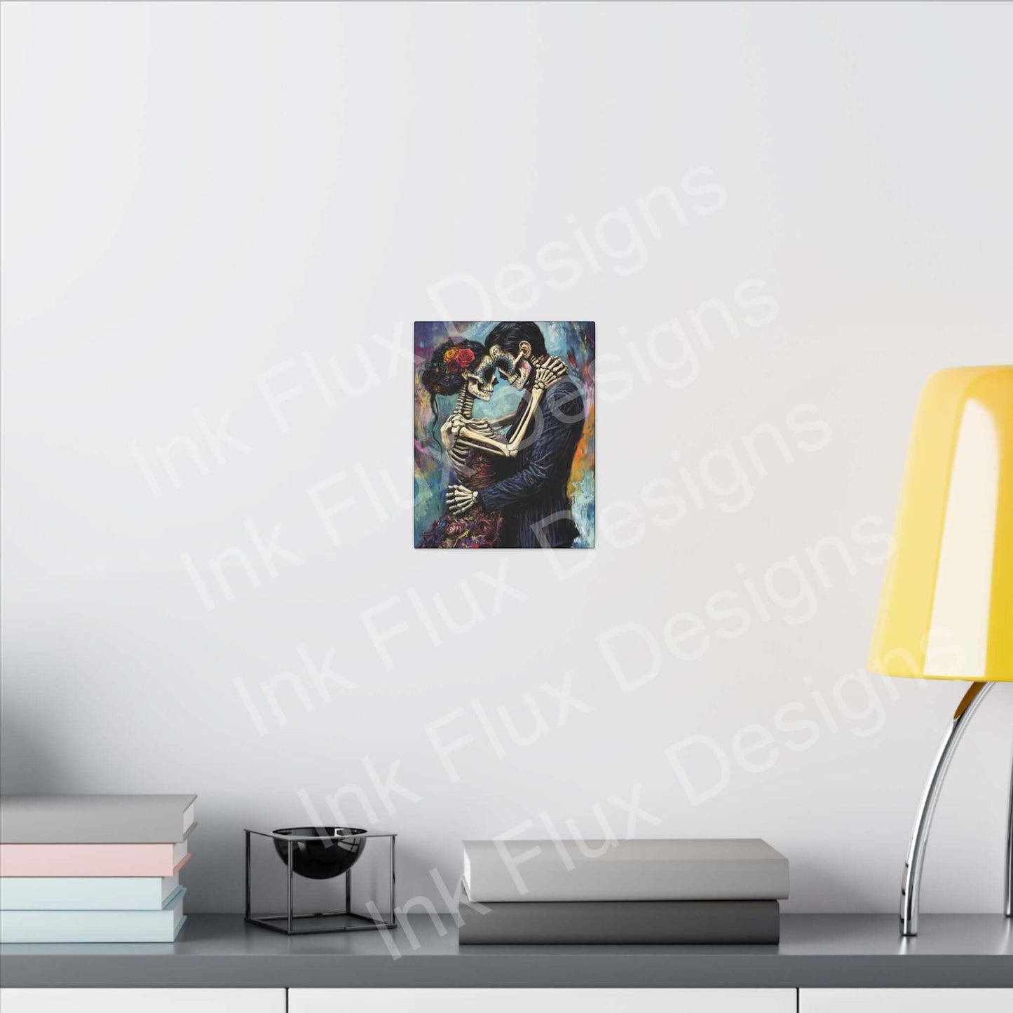 Day of the Dead couple portrait on matte canvas by Ink Flux Designs, showcasing vibrant colors and texture.