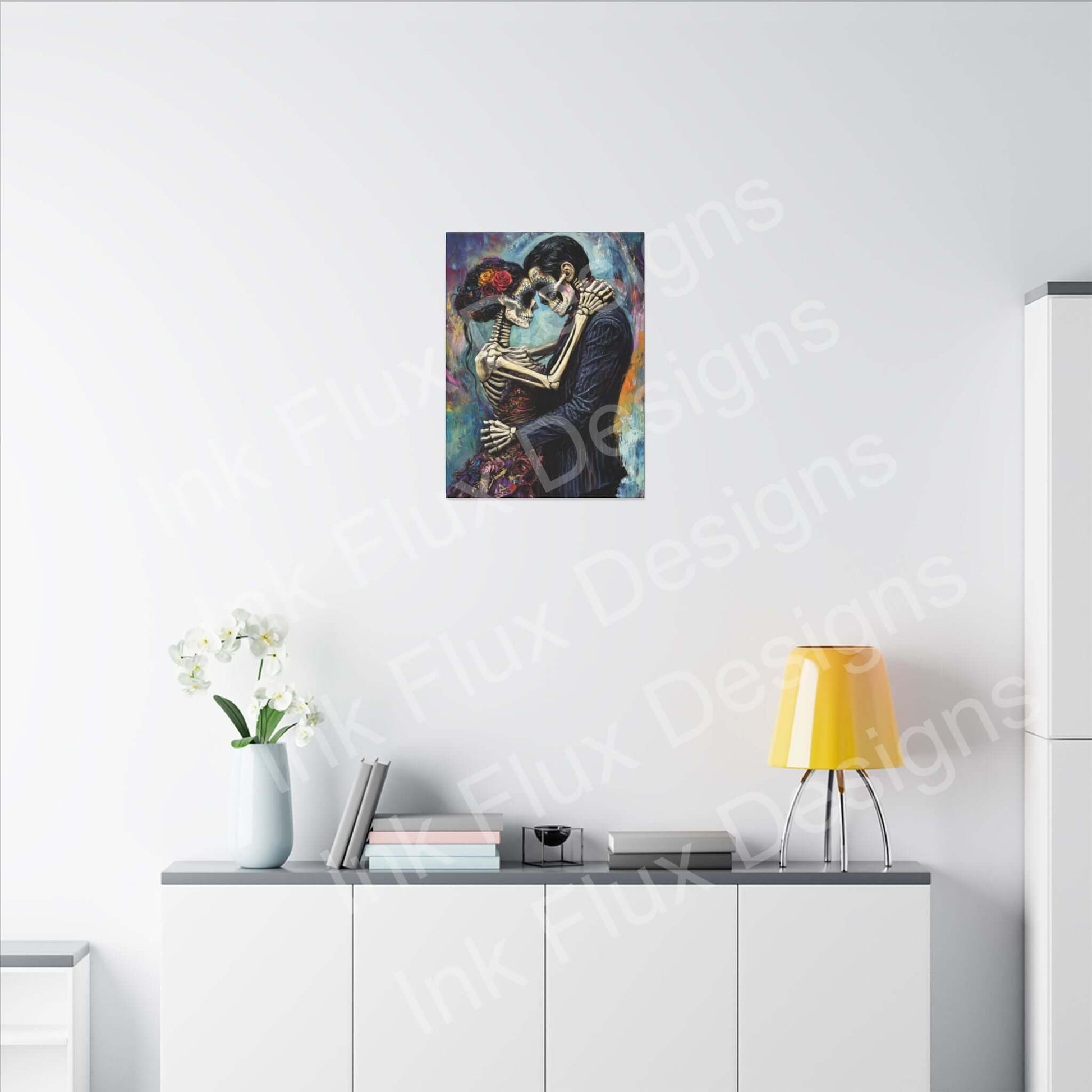 Day of the Dead couple portrait on matte canvas, showcasing vibrant colors and details in a modern living space.