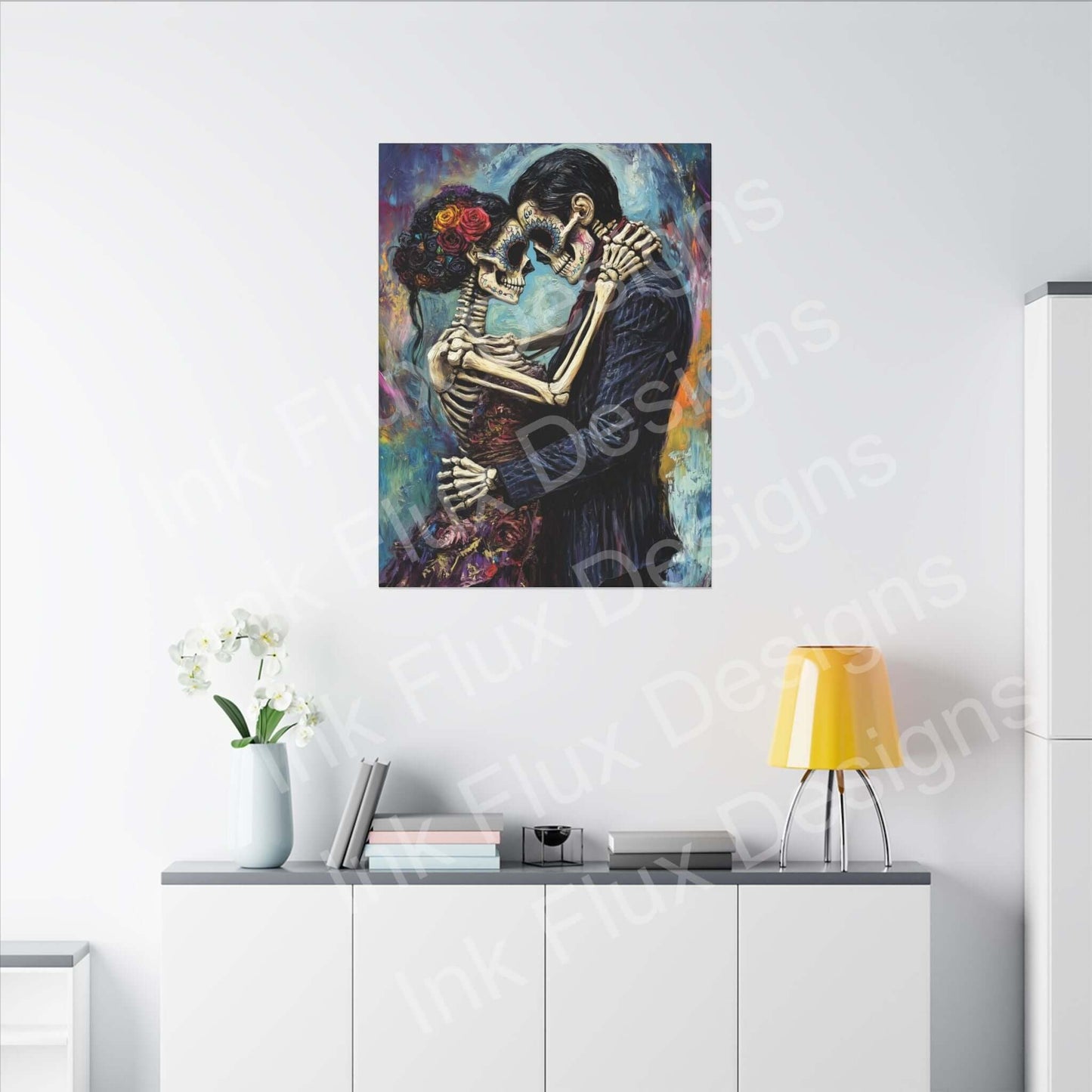 Day of the Dead couple portrait on matte canvas by Ink Flux Designs, perfect for home decor or art lovers.