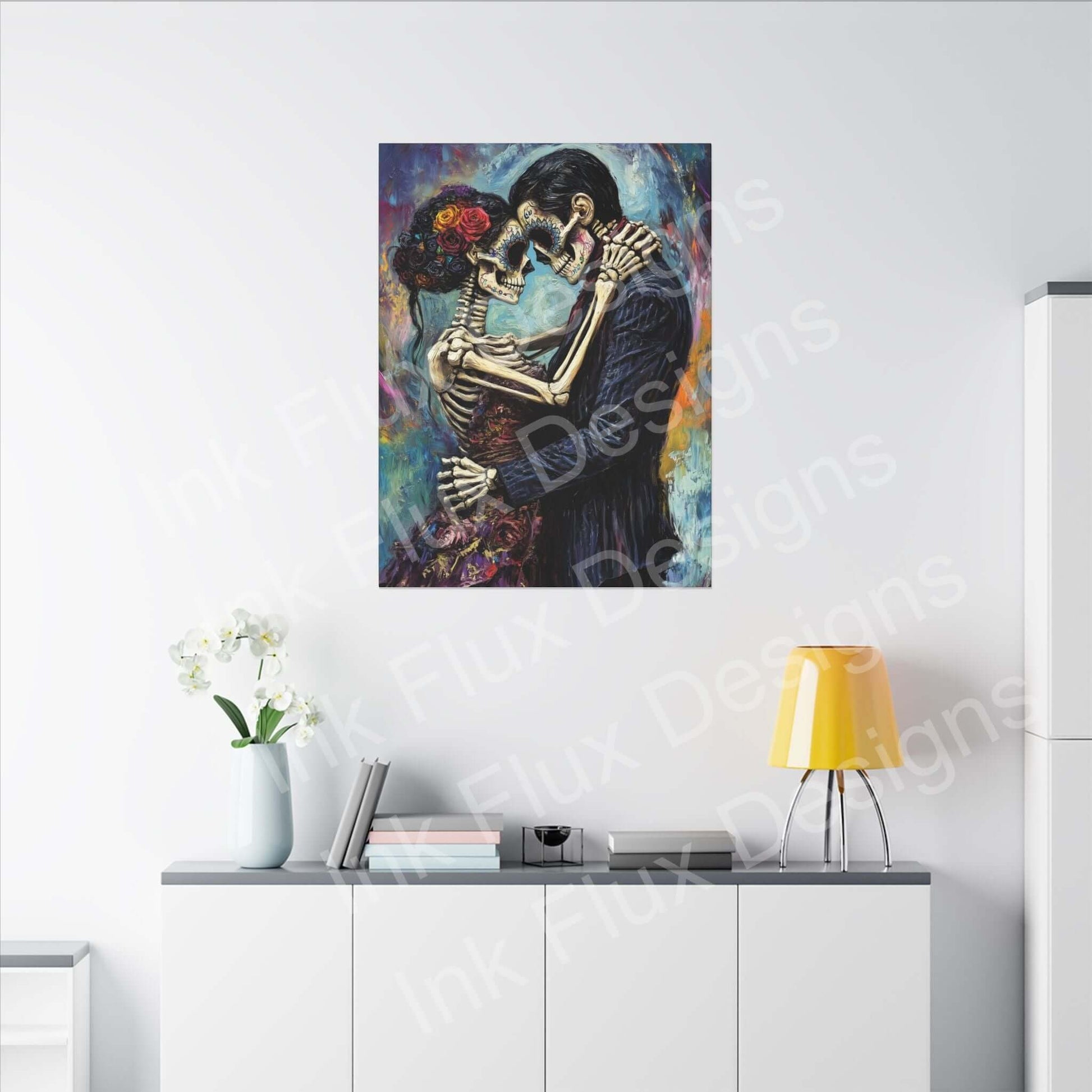 Day of the Dead couple portrait on matte canvas by Ink Flux Designs, perfect for home decor or art lovers.