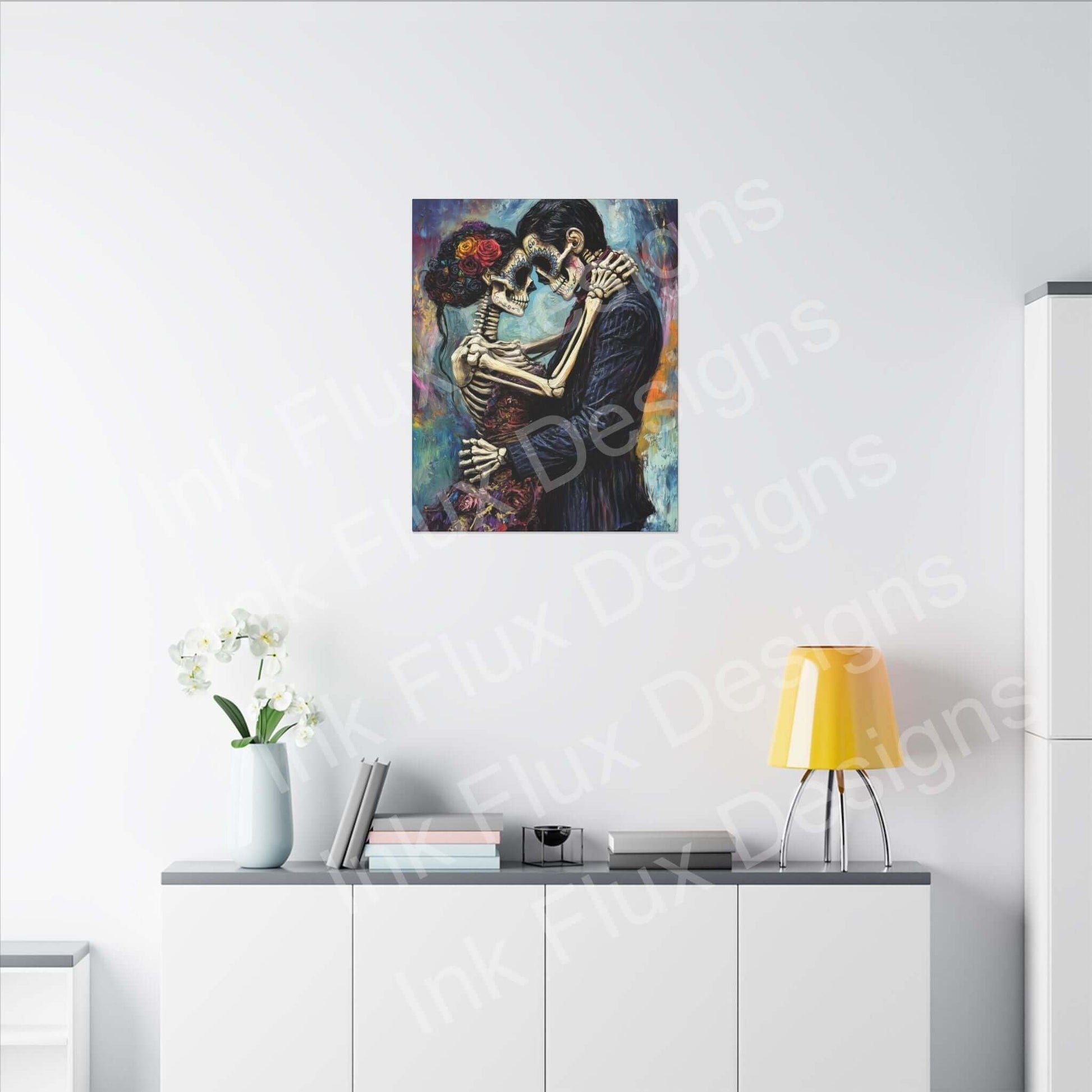 Day of the Dead couple portrait on matte canvas by Ink Flux Designs, enhancing modern decor with vibrant art.
