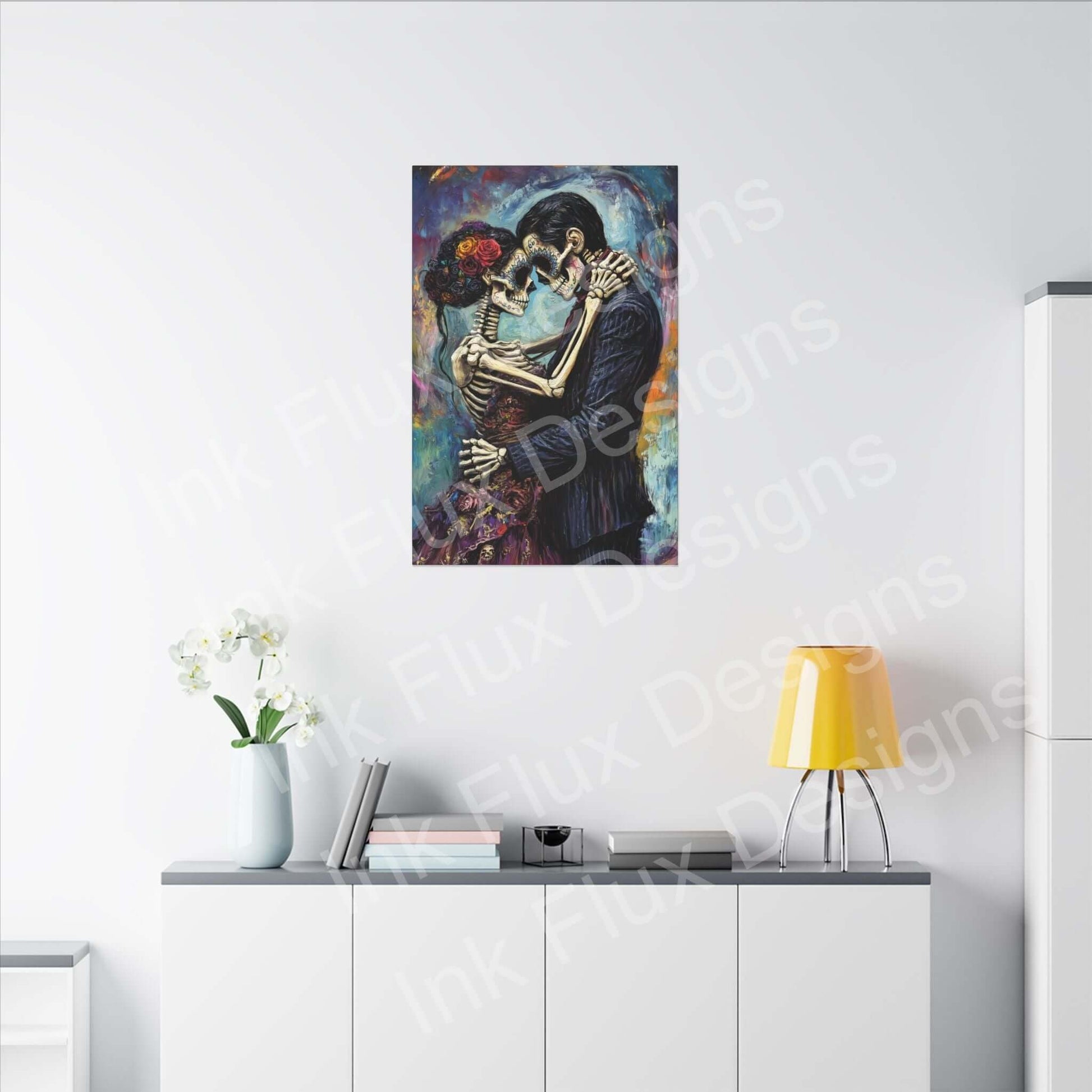 Day of the Dead couple portrait on matte canvas by Ink Flux Designs, ideal for stylish home decor.